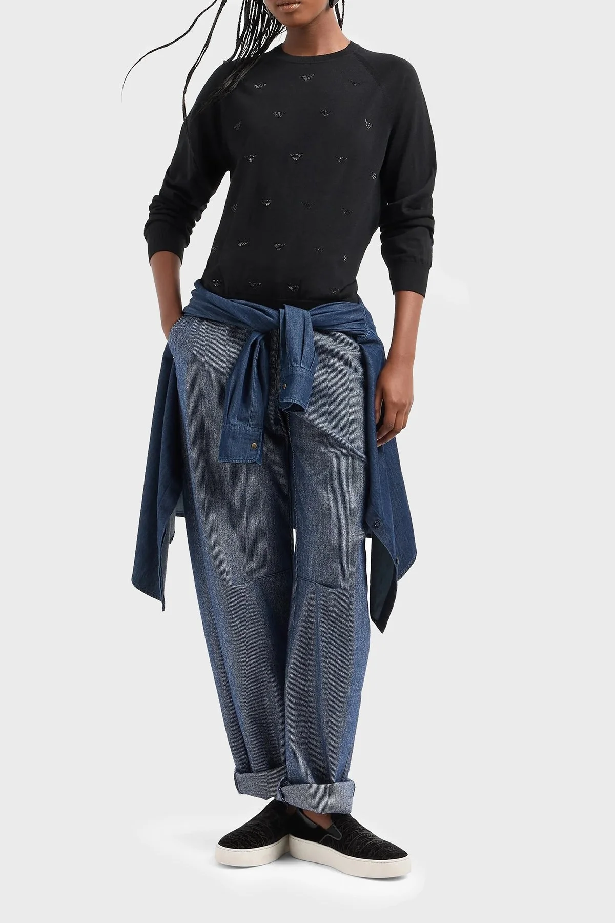 Emporio Armani % 100 Yün Regular Fit Biisklet Yaka Bayan Kazak 6D2MW1 2M15Z F036 SİYAH - 3