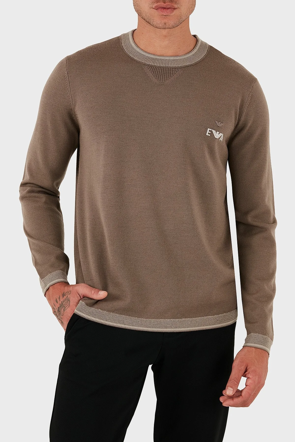 Emporio Armani % 100 Yün Regular Fit Bisiklet Yaka Logolu Erkek Kazak EM003387 AF14697 U6189 BEJ - 3