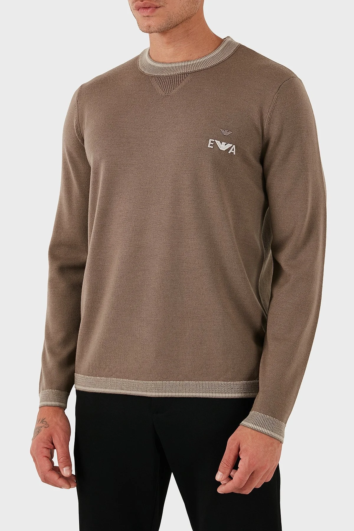 Emporio Armani % 100 Yün Regular Fit Bisiklet Yaka Logolu Erkek Kazak EM003387 AF14697 U6189 BEJ - 4