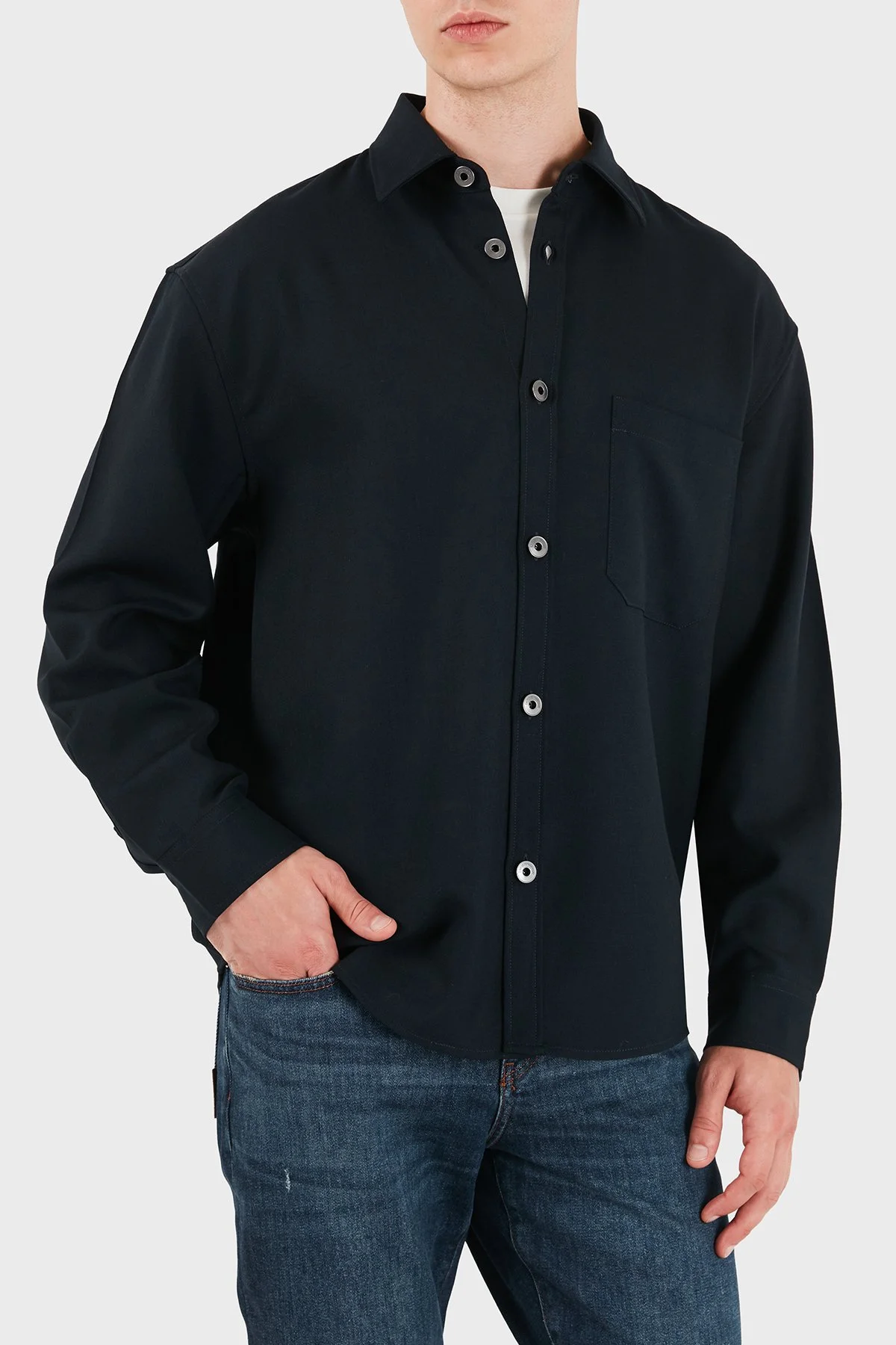 Emporio Armani % 100 Yün Regular Fit Klasik Yaka Erkek Gömlek EM006535 AF27877 UB118 Lacivert - 1