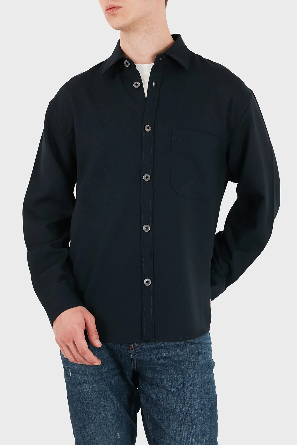 Emporio Armani % 100 Yün Regular Fit Klasik Yaka Erkek Gömlek EM006535 AF27877 UB118 Lacivert - 4