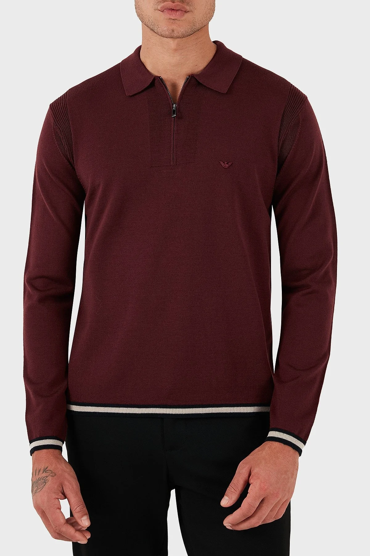 Emporio Armani % 100 Yün Regular Fit Yarım Fermuarlı Polo Yaka Erkek Kazak EM001512 AF14158 U5086 BORDO - 1
