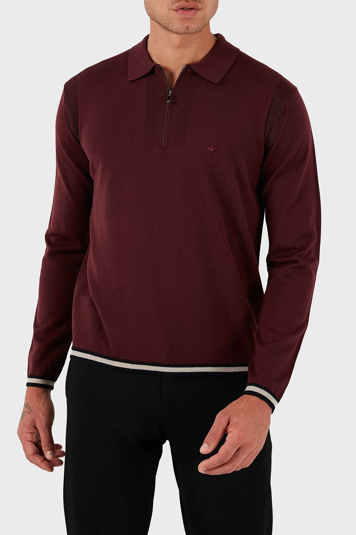 Emporio Armani % 100 Yün Regular Fit Yarım Fermuarlı Polo Yaka Erkek Kazak EM001512 AF14158 U5086 BORDO - 4