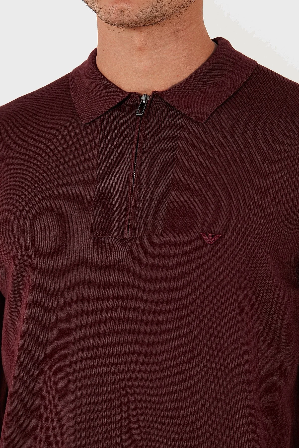 Emporio Armani % 100 Yün Regular Fit Yarım Fermuarlı Polo Yaka Erkek Kazak EM001512 AF14158 U5086 BORDO - 5