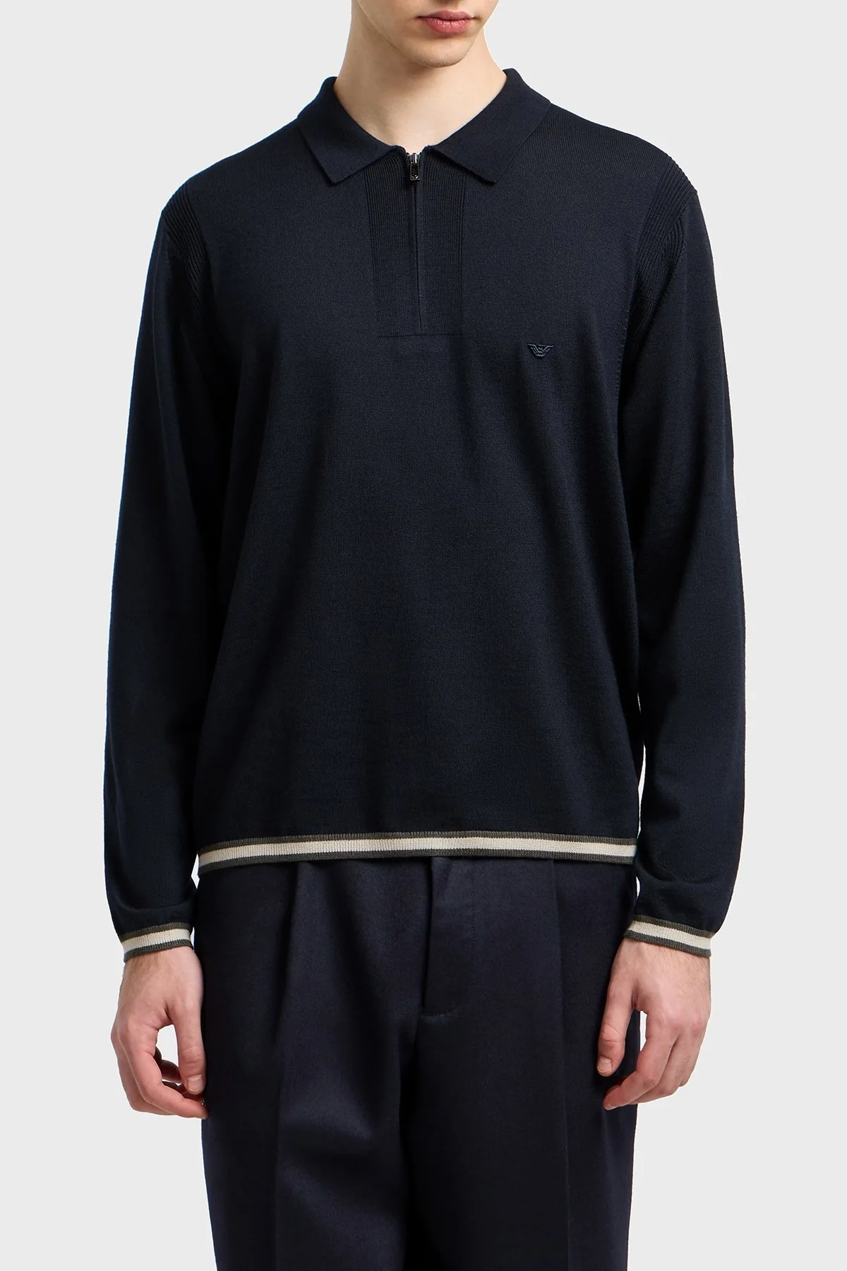 Emporio Armani % 100 Yün Regular Fit Yarım Fermuarlı Polo Yaka Erkek Kazak EM001512 AF14158 UB118 LACİVERT - 1