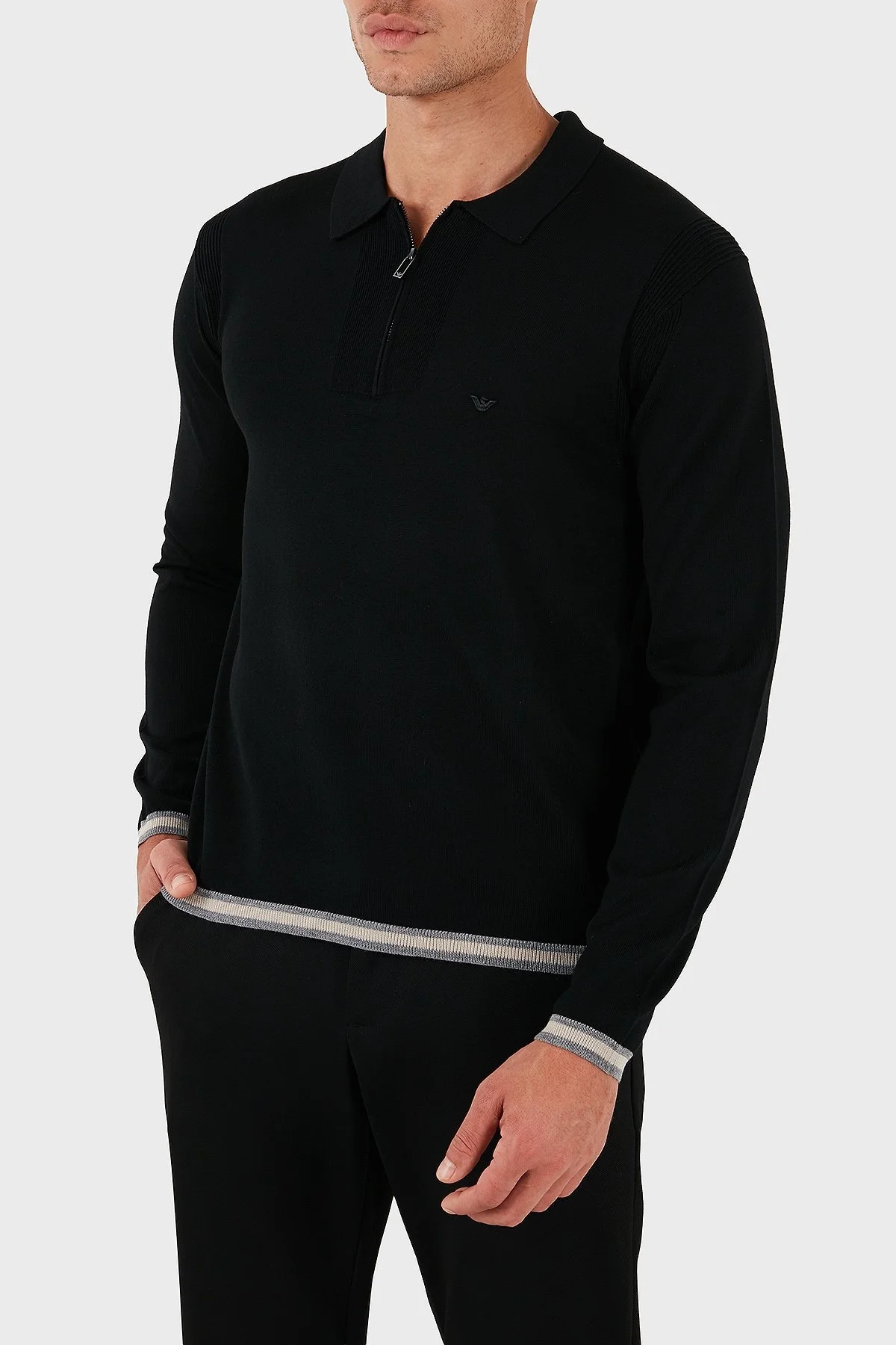 Emporio Armani % 100 Yün Regular Fit Yarım Fermuarlı Polo Yaka Erkek Kazak EM001512 AF14158 UC001 SİYAH - 4