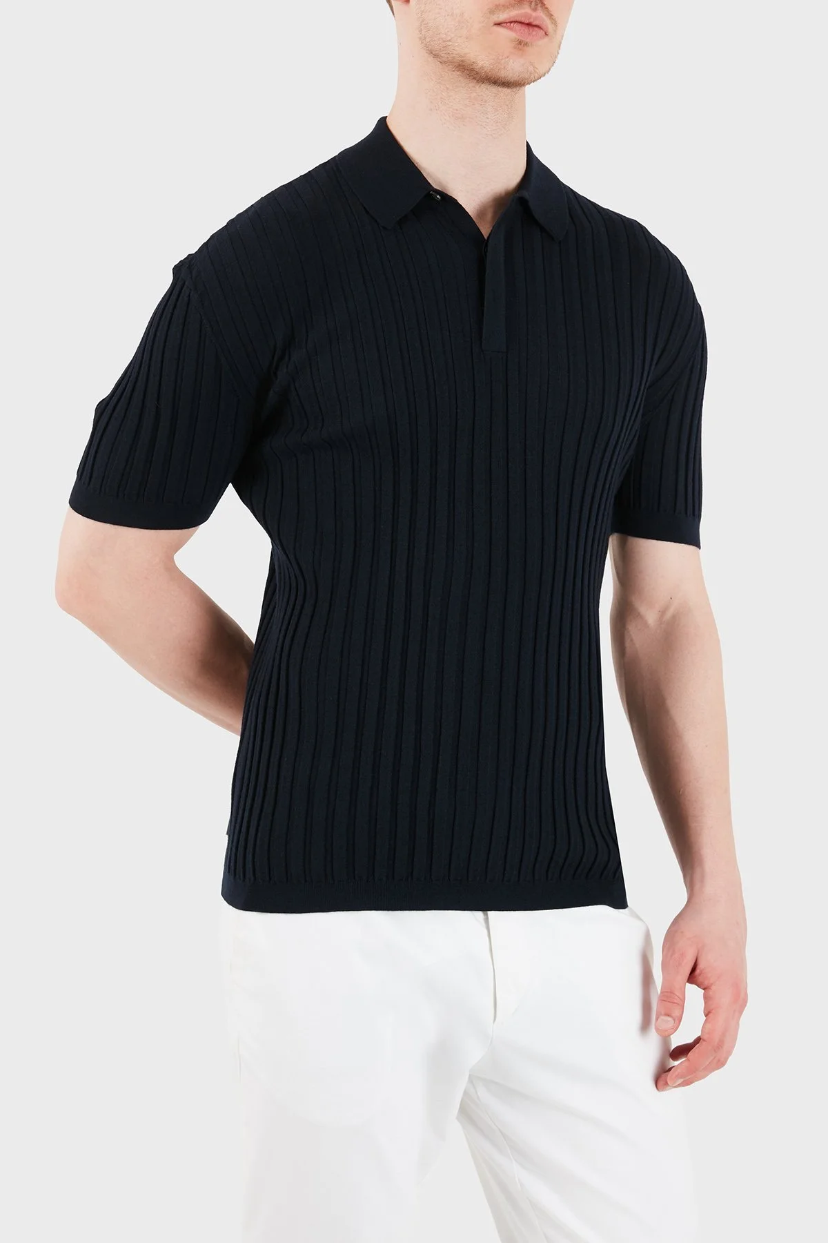 Emporio Armani % 100 Yün Slim Fit Kısa Kollu Düğmeli Erkek Polo Yaka Kazak EM004389 AF23418 UB118 LACİVERT - 4