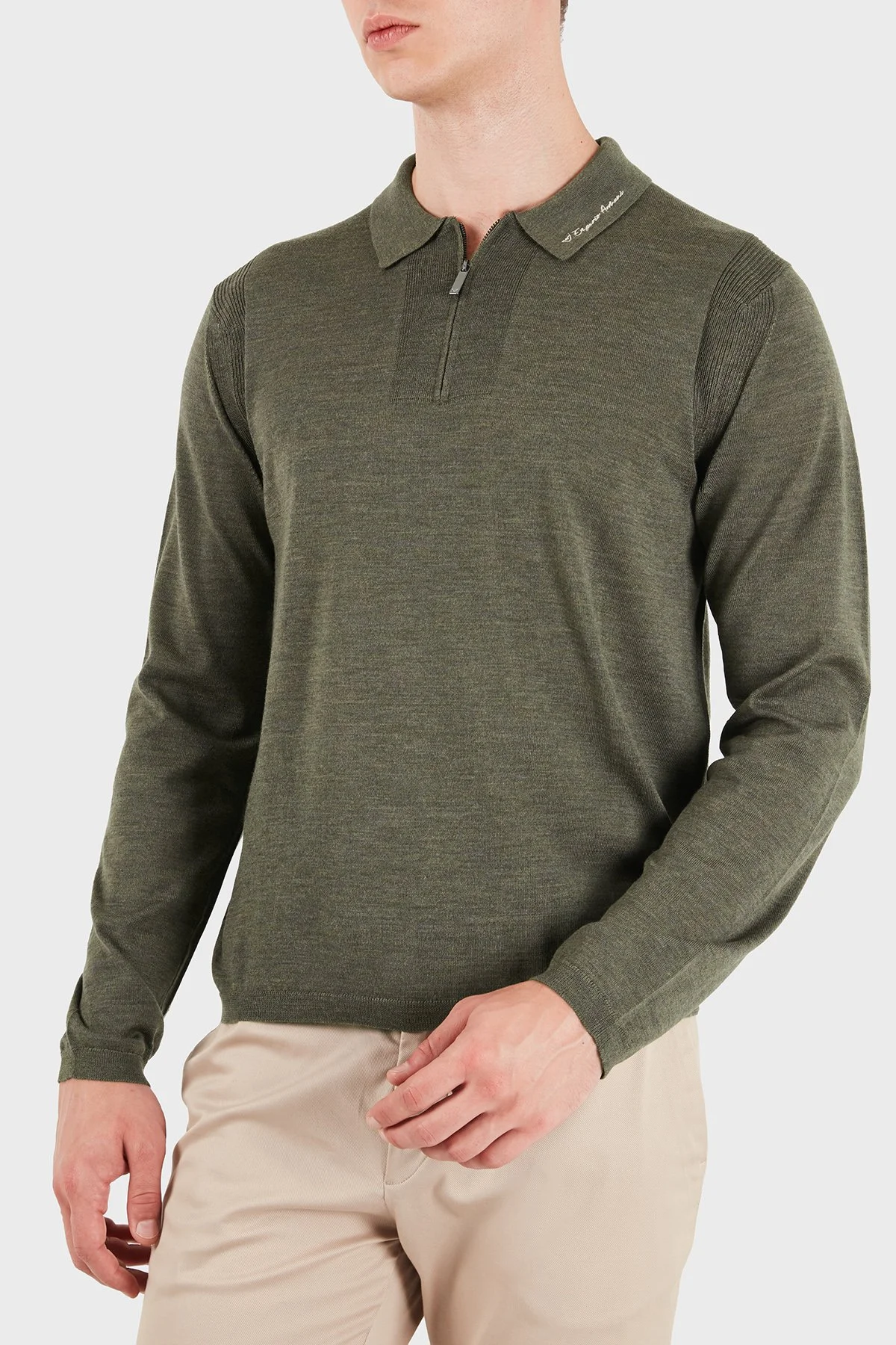 Emporio Armani % 100 Yün Slim Fit Yarım Fermuarlı Erkek Polo Yaka Kazak EM006293 AF29815 O7002 Yeşil melanj - 1