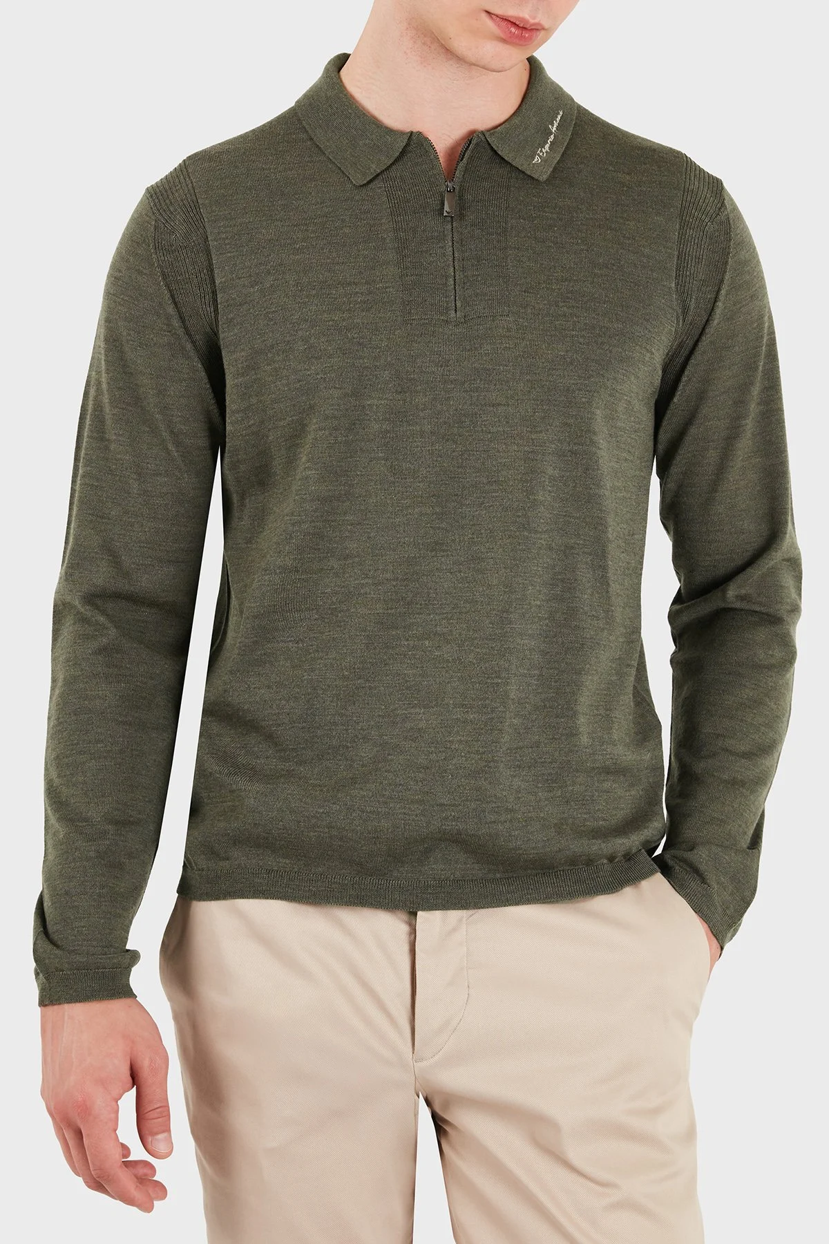 Emporio Armani % 100 Yün Slim Fit Yarım Fermuarlı Erkek Polo Yaka Kazak EM006293 AF29815 O7002 Yeşil melanj - 4