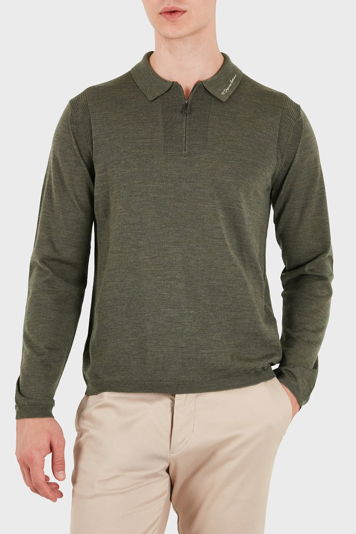 Emporio Armani % 100 Yün Slim Fit Yarım Fermuarlı Erkek Polo Yaka Kazak EM006293 AF29815 O7002 Yeşil melanj - 5