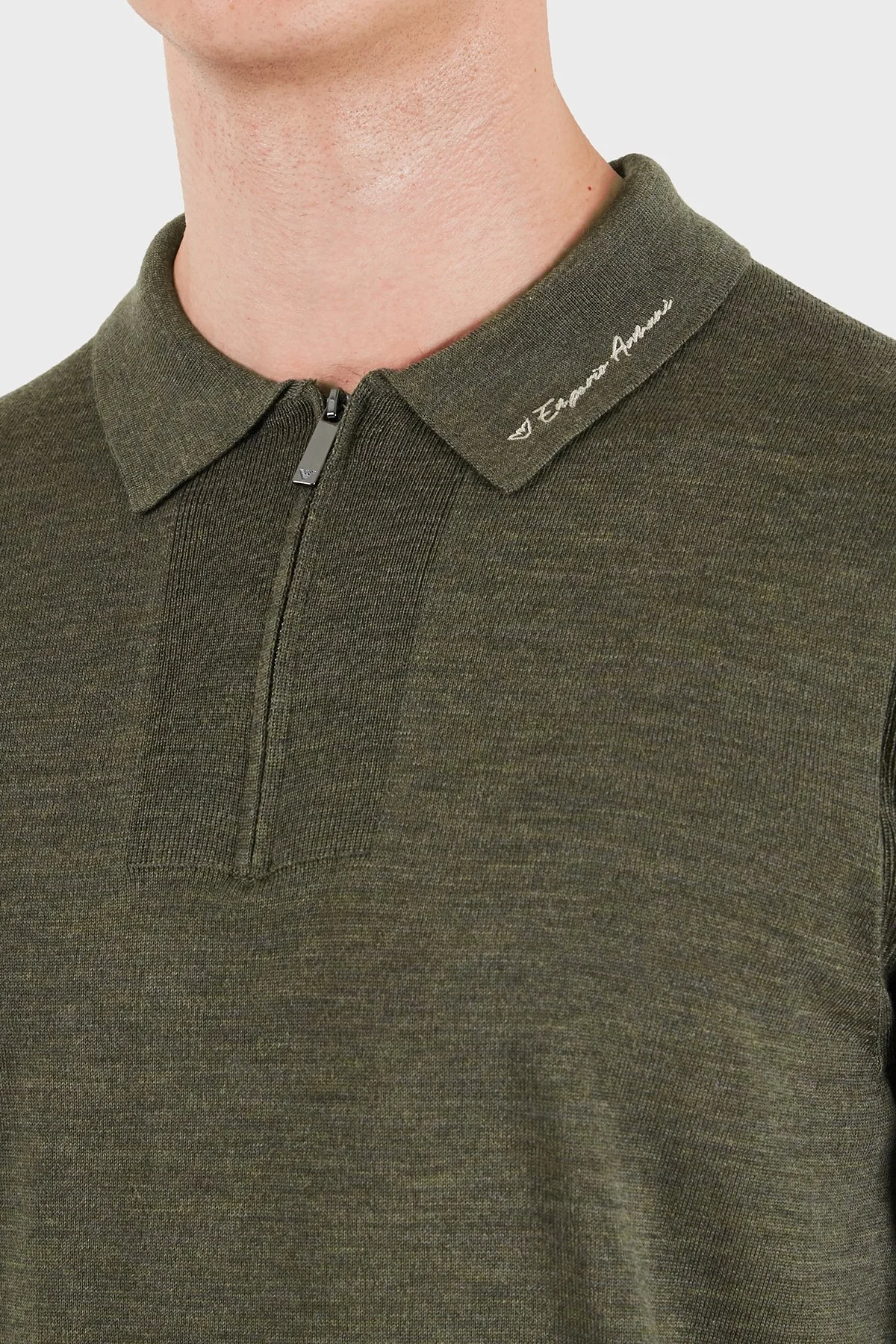 Emporio Armani % 100 Yün Slim Fit Yarım Fermuarlı Erkek Polo Yaka Kazak EM006293 AF29815 O7002 Yeşil melanj - 6