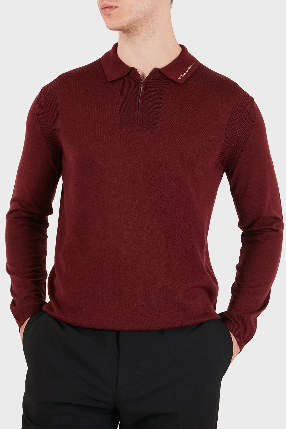 Emporio Armani % 100 Yün Slim Fit Yarım Fermuarlı Erkek Polo Yaka Kazak EM006293 AF29815 U5086 Bordo - 1