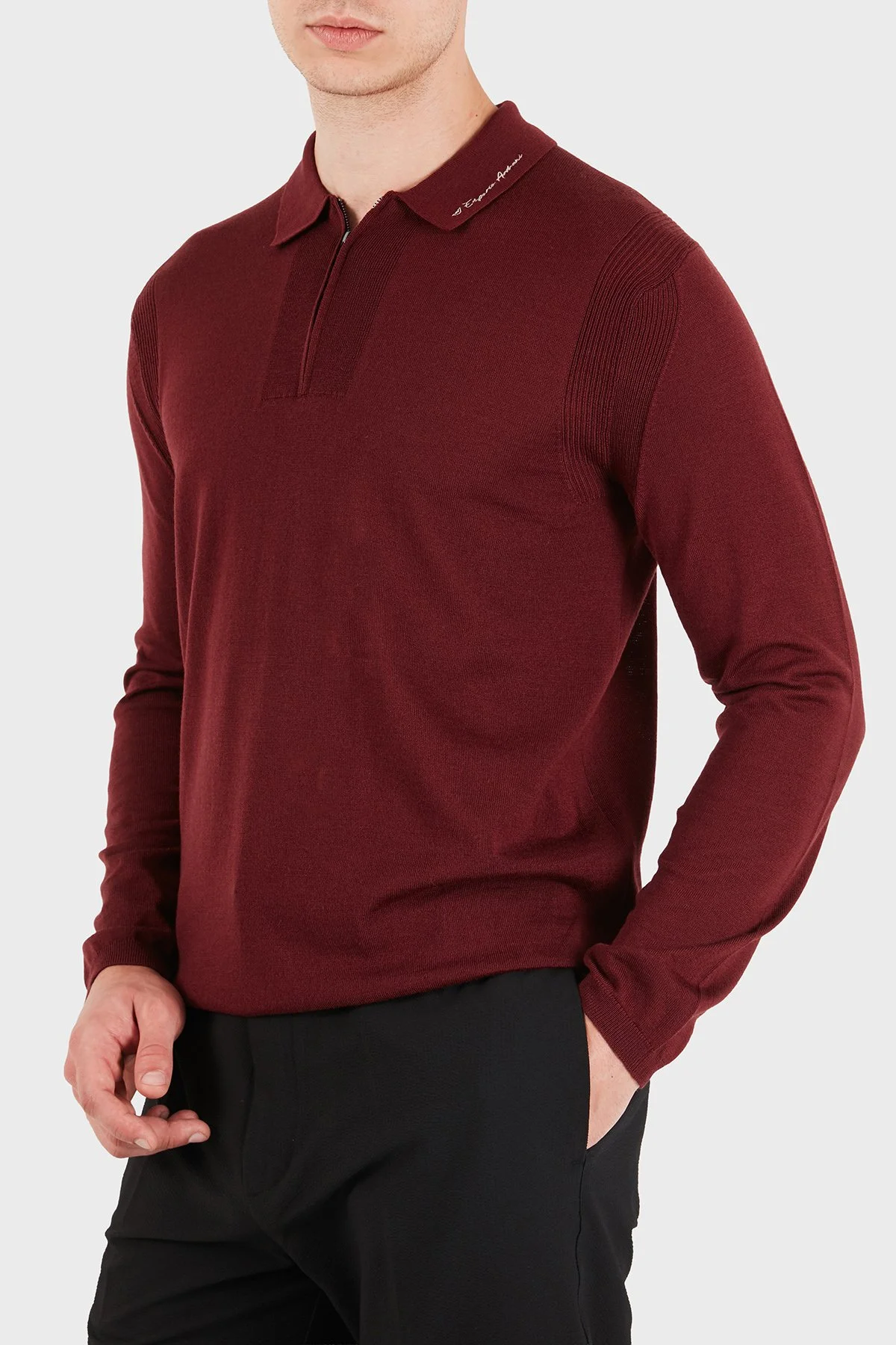 Emporio Armani % 100 Yün Slim Fit Yarım Fermuarlı Erkek Polo Yaka Kazak EM006293 AF29815 U5086 Bordo - 3