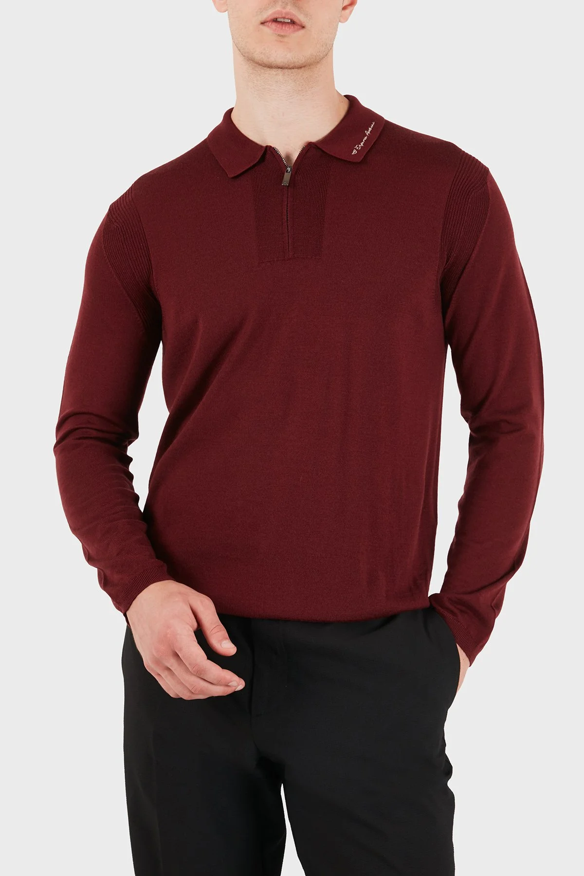 Emporio Armani % 100 Yün Slim Fit Yarım Fermuarlı Erkek Polo Yaka Kazak EM006293 AF29815 U5086 Bordo - 4