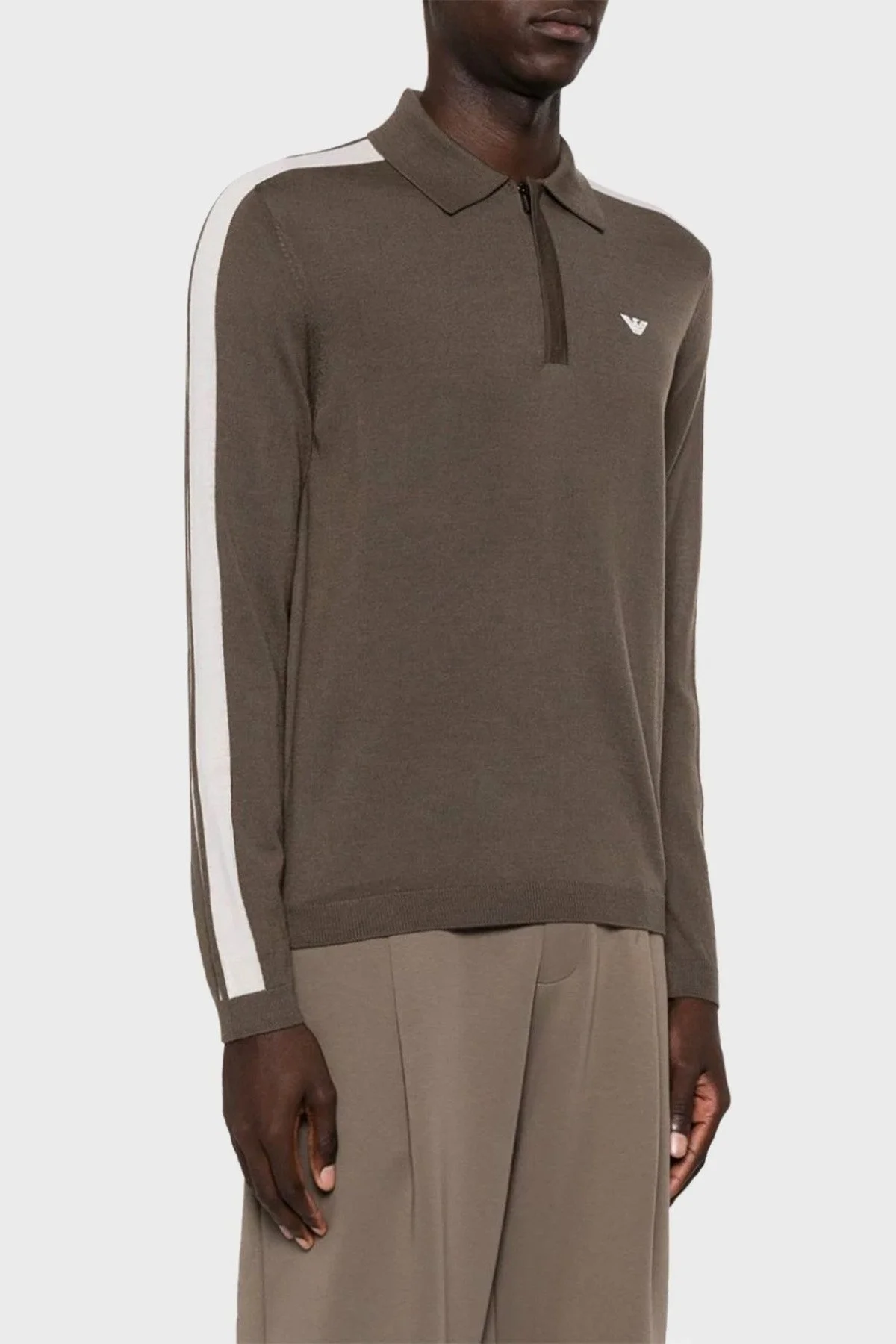 Emporio Armani % 100 Yünlü Fermuarlı Polo Yaka Erkek Kazak 6R1MU1 1MMHZ 0440 VİZON - 1