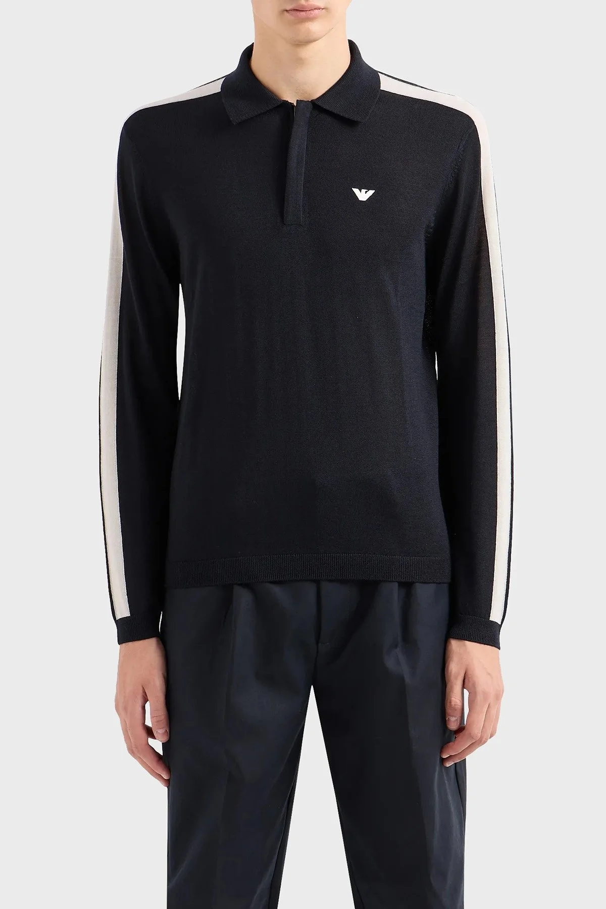 Emporio Armani % 100 Yünlü Fermuarlı Polo Yaka Erkek Kazak 6R1MU1 1MMHZ 0920 LACİVERT - 1