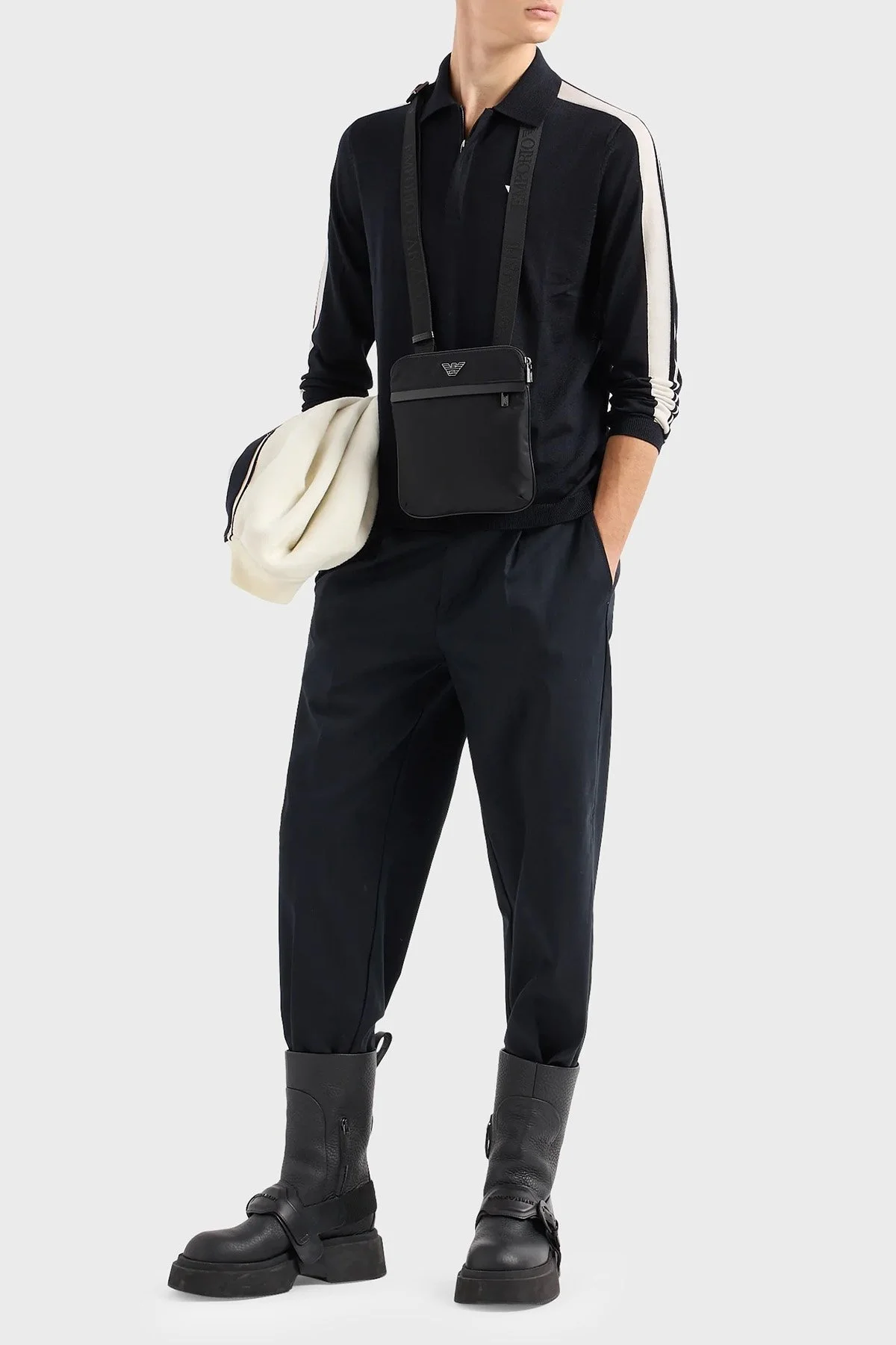 Emporio Armani % 100 Yünlü Fermuarlı Polo Yaka Erkek Kazak 6R1MU1 1MMHZ 0920 LACİVERT - 3