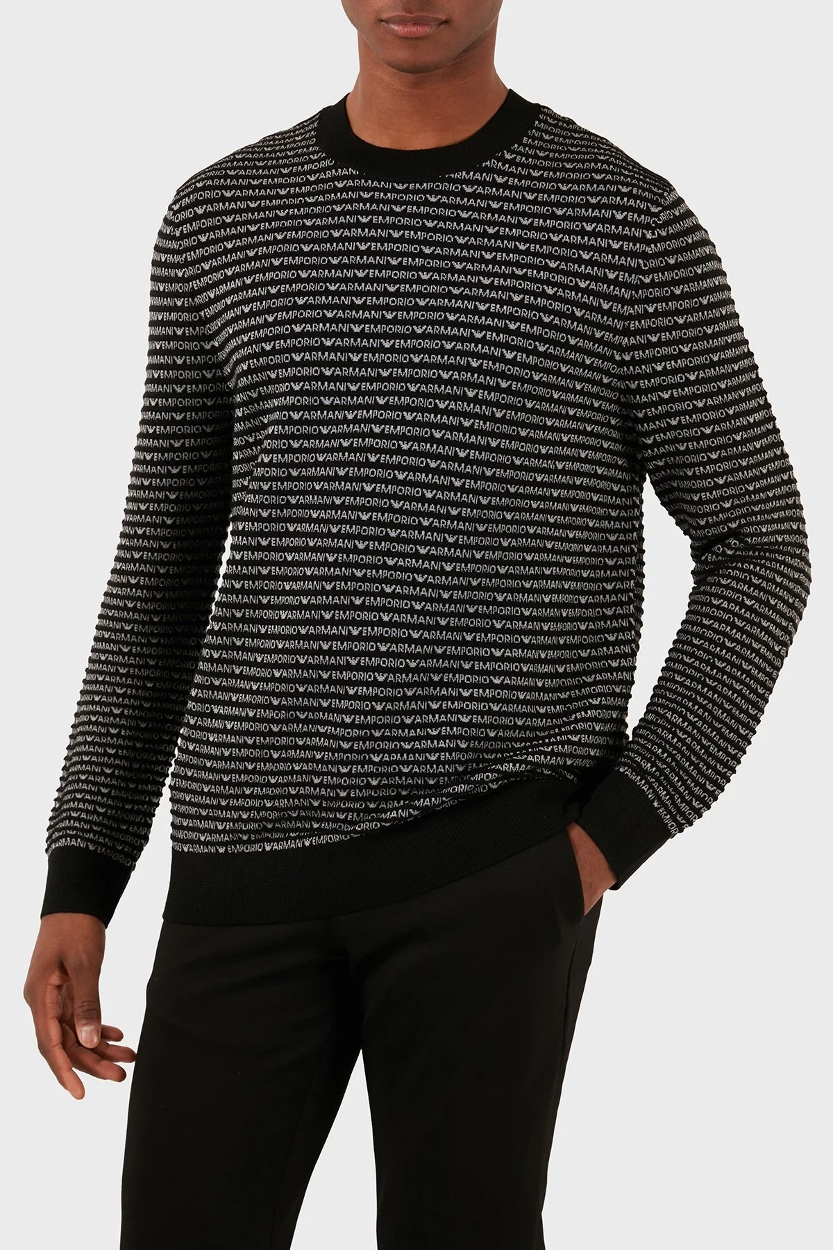 Emporio Armani % 100 Yünlü Logolu Bisiklet Yaka Erkek Kazak 3D1MX1 1MMIZ F053 SİYAH - 1