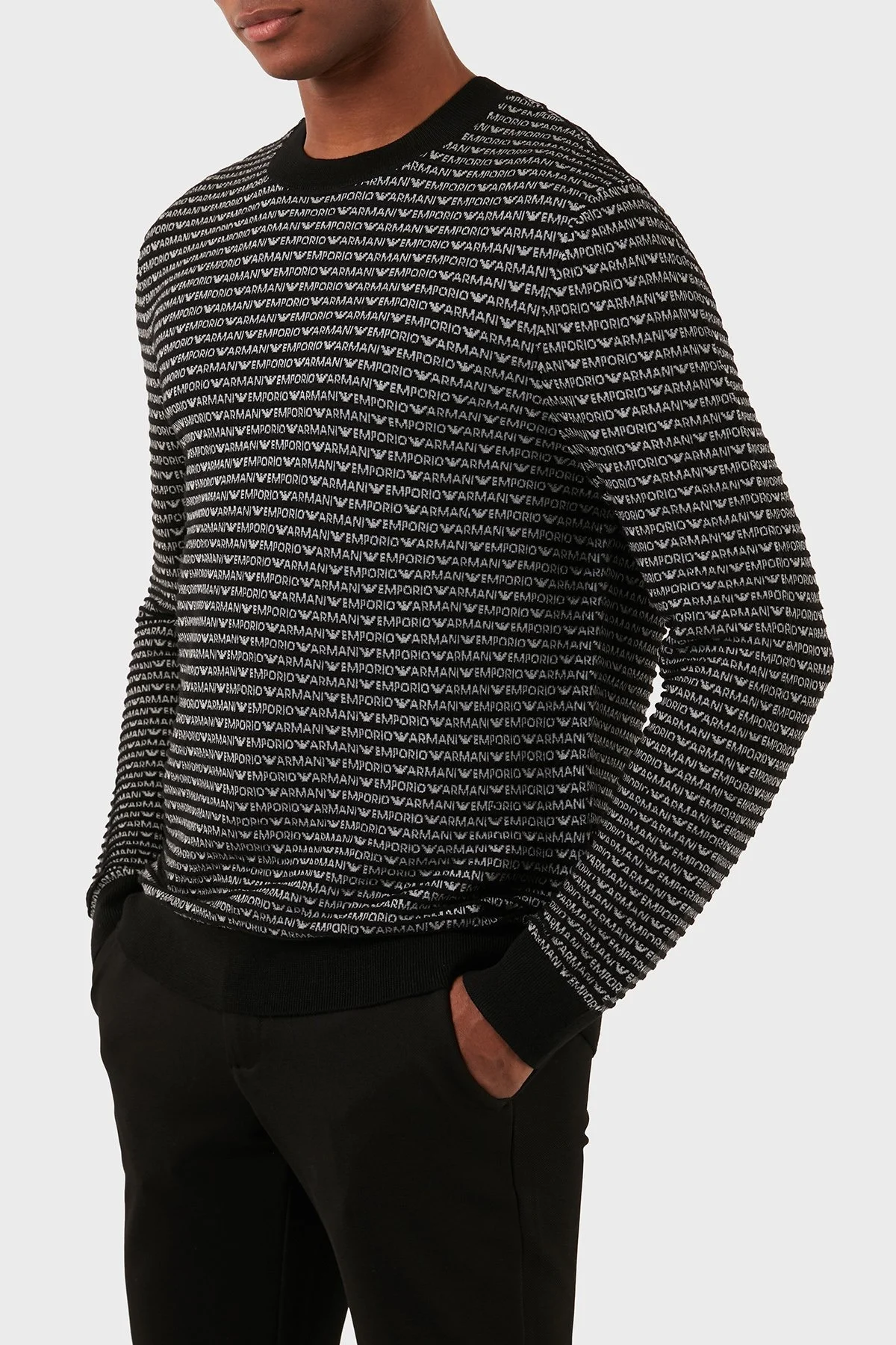 Emporio Armani % 100 Yünlü Logolu Bisiklet Yaka Erkek Kazak 3D1MX1 1MMIZ F053 SİYAH - 5