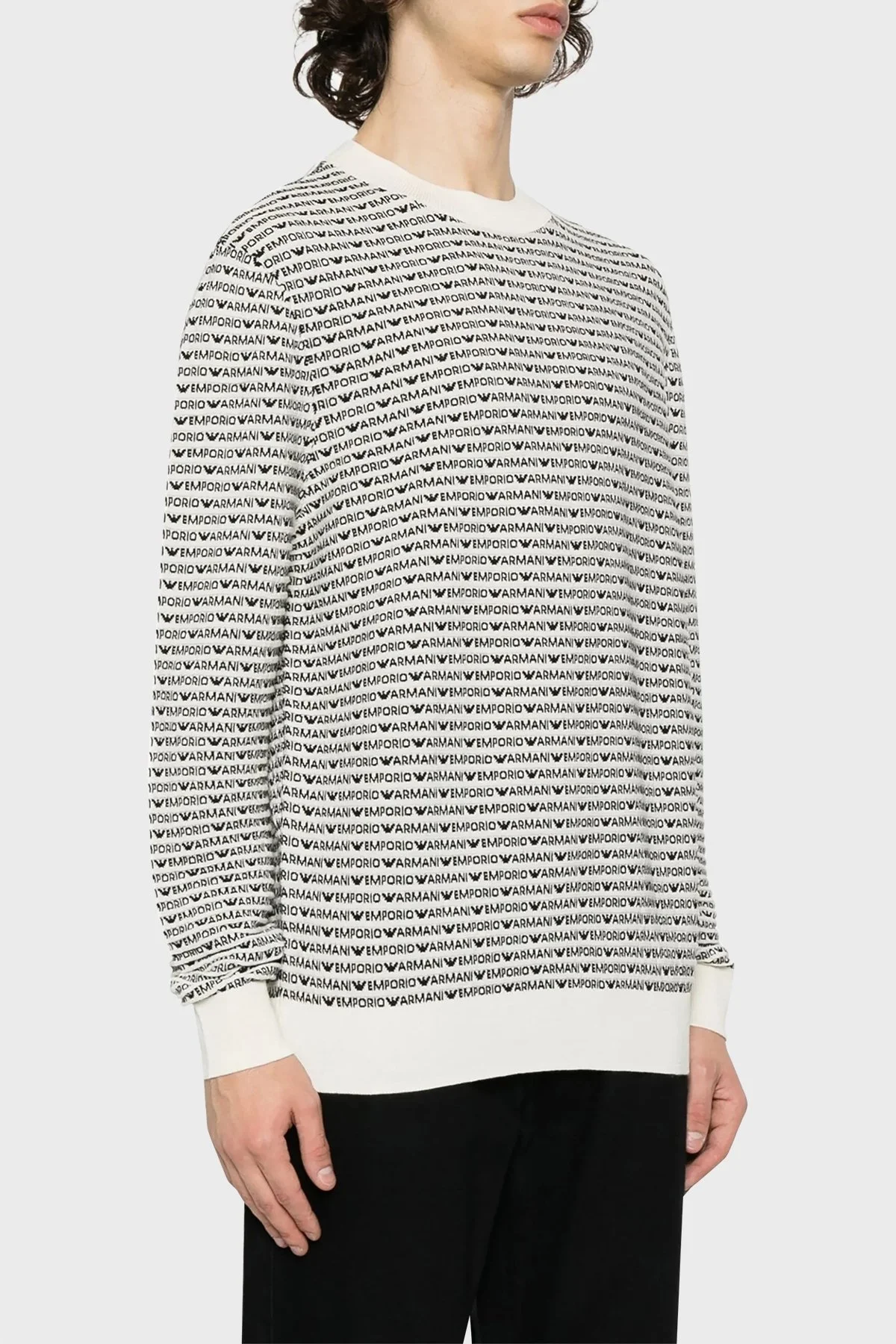 Emporio Armani % 100 Yünlü Logolu Bisiklet Yaka Erkek Kazak 3D1MX1 1MMIZ F177 EKRU - 1