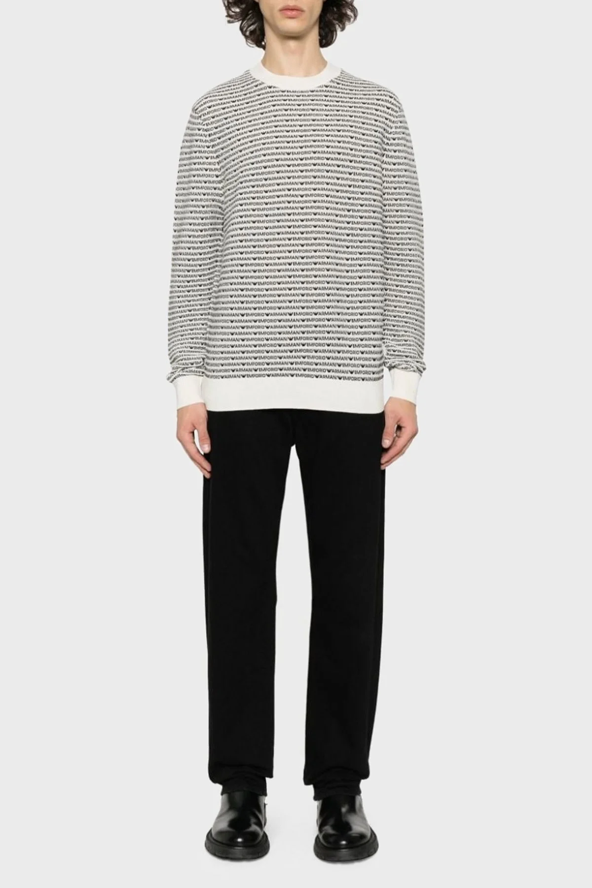 Emporio Armani % 100 Yünlü Logolu Bisiklet Yaka Erkek Kazak 3D1MX1 1MMIZ F177 EKRU - 2