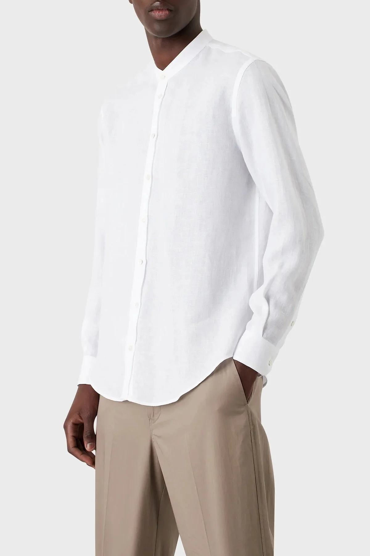 Emporio Armani Bant Yaka Uzun Kollu % 100 Keten Erkek Gömlek D41SMG D10F9 100 BEYAZ - 1