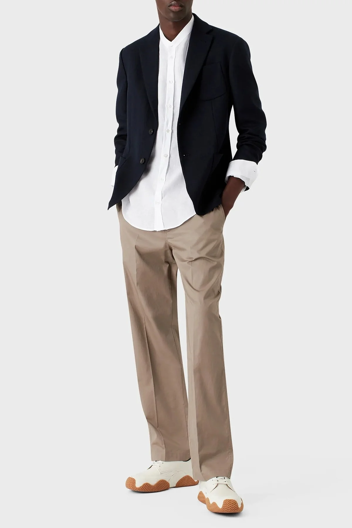 Emporio Armani Bant Yaka Uzun Kollu % 100 Keten Erkek Gömlek D41SMG D10F9 100 BEYAZ - 3