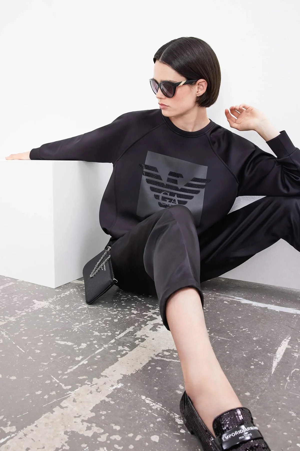 Emporio Armani Baskılı Büzgülü Loose Fit Bisiklet Yaka Bayan Sweat 3R2M7L 2JVLZ 0999 SİYAH - 1