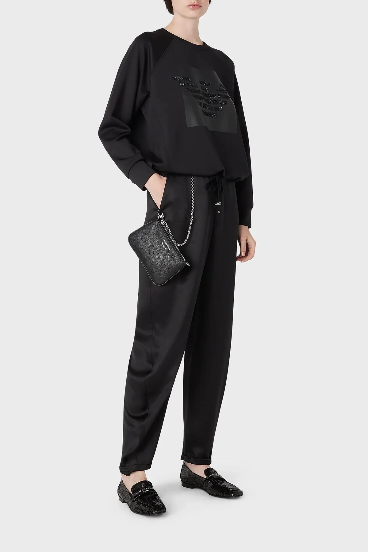 Emporio Armani Baskılı Büzgülü Loose Fit Bisiklet Yaka Bayan Sweat 3R2M7L 2JVLZ 0999 SİYAH - 4