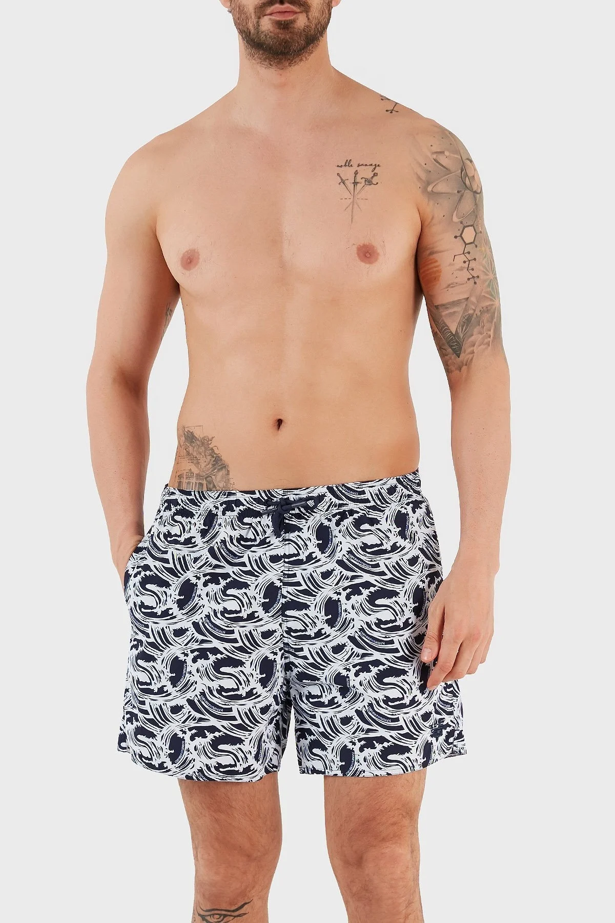 Emporio Armani Baskılı Deniz Şortu Belden Bağlamalı Erkek Mayo Short 211740 3R444 18636 LACİVERT - 1