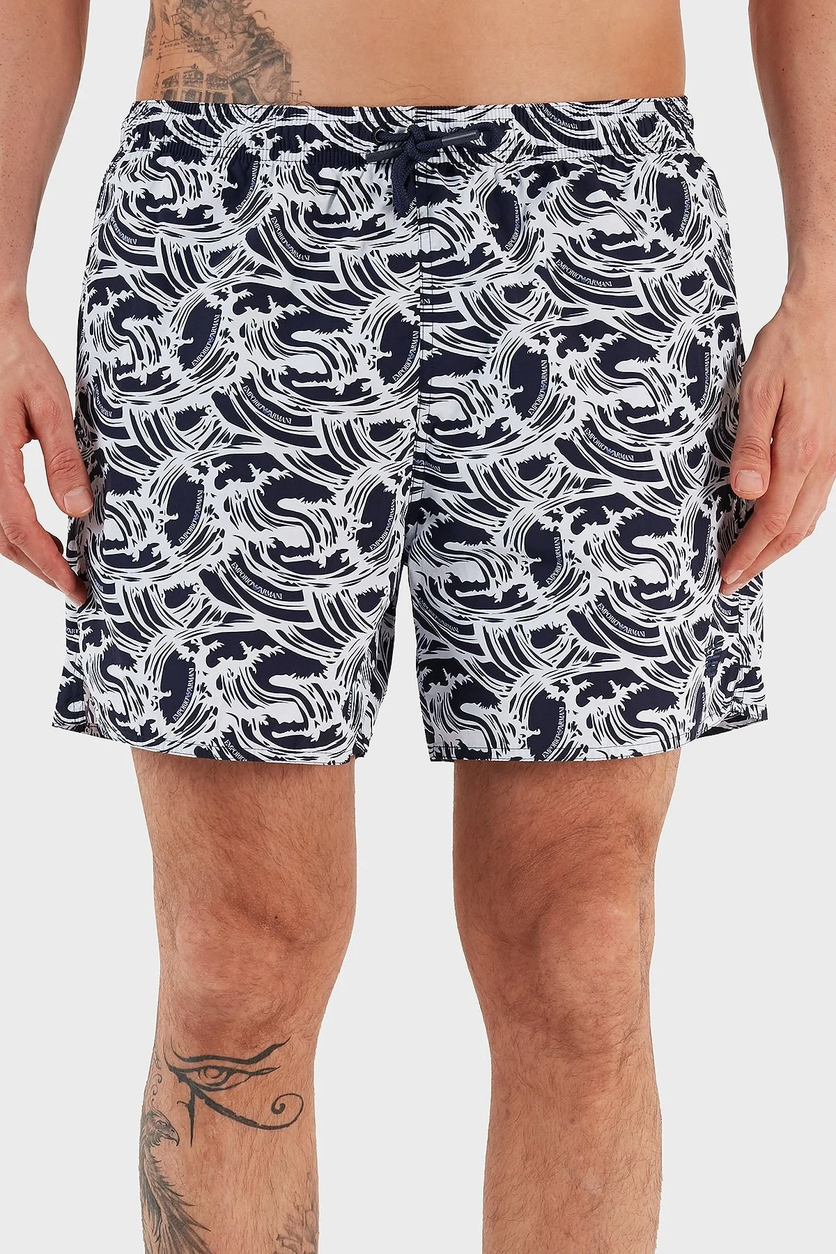 Emporio Armani Baskılı Deniz Şortu Belden Bağlamalı Erkek Mayo Short 211740 3R444 18636 LACİVERT - 2