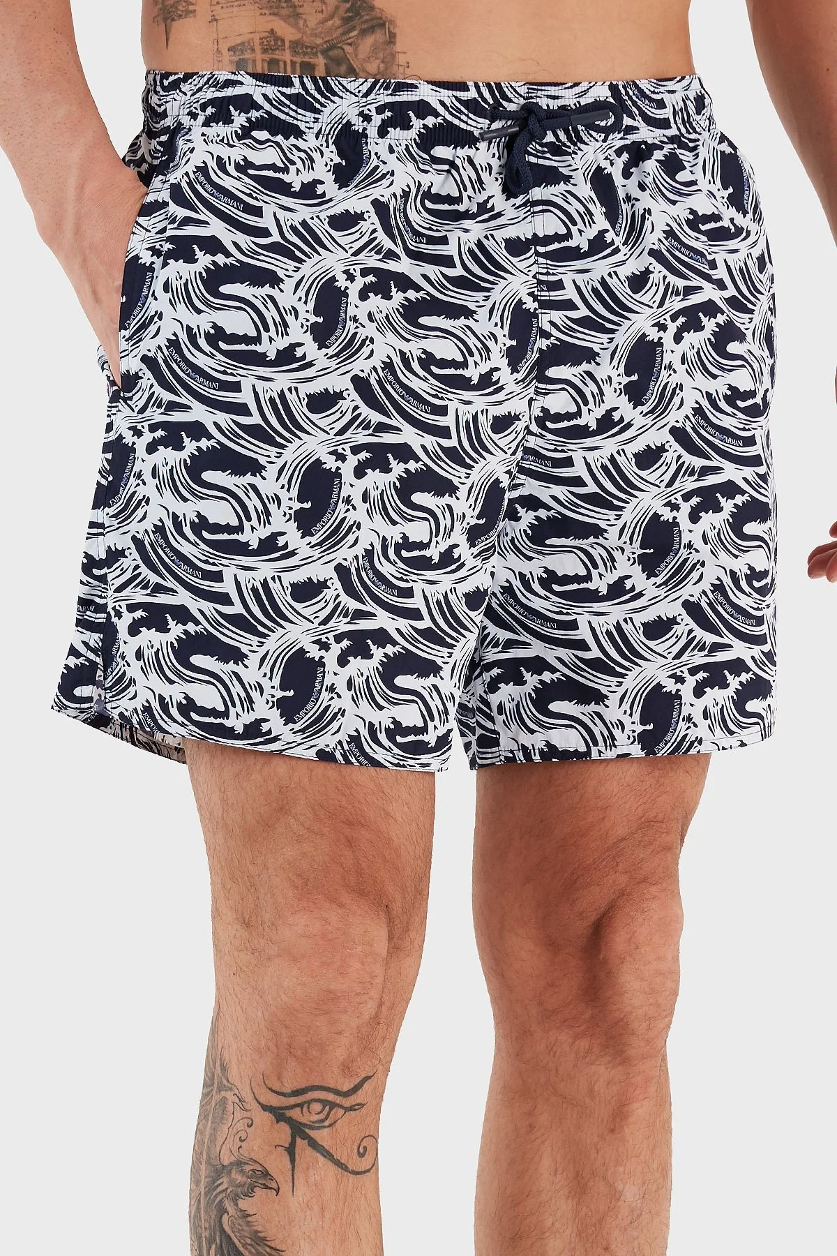 Emporio Armani Baskılı Deniz Şortu Belden Bağlamalı Erkek Mayo Short 211740 3R444 18636 LACİVERT - 3