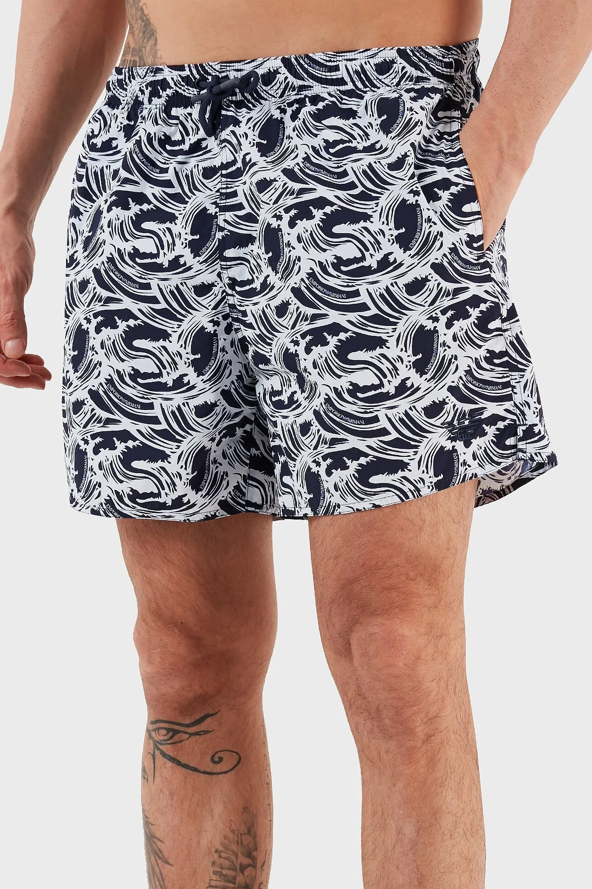 Emporio Armani Baskılı Deniz Şortu Belden Bağlamalı Erkek Mayo Short 211740 3R444 18636 LACİVERT - 4