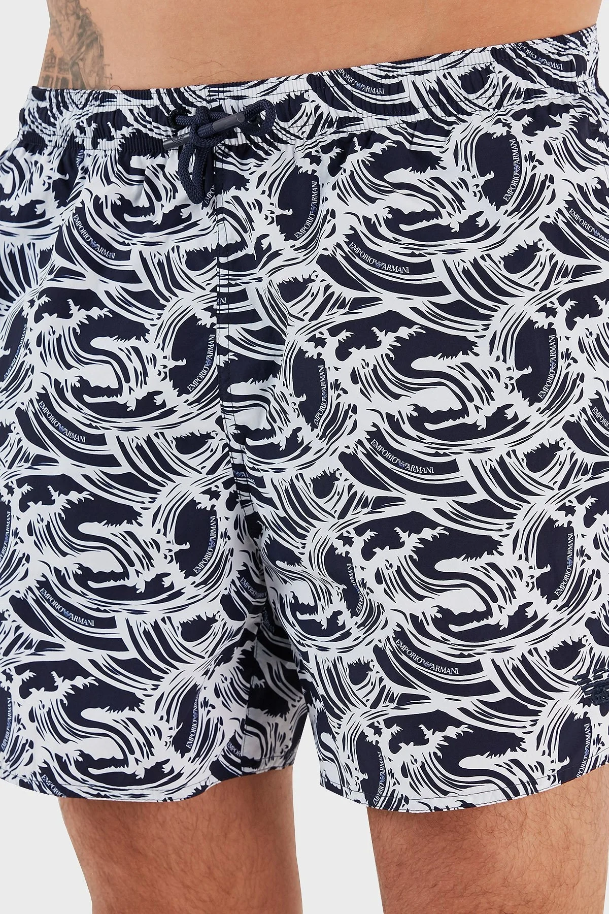Emporio Armani Baskılı Deniz Şortu Belden Bağlamalı Erkek Mayo Short 211740 3R444 18636 LACİVERT - 5
