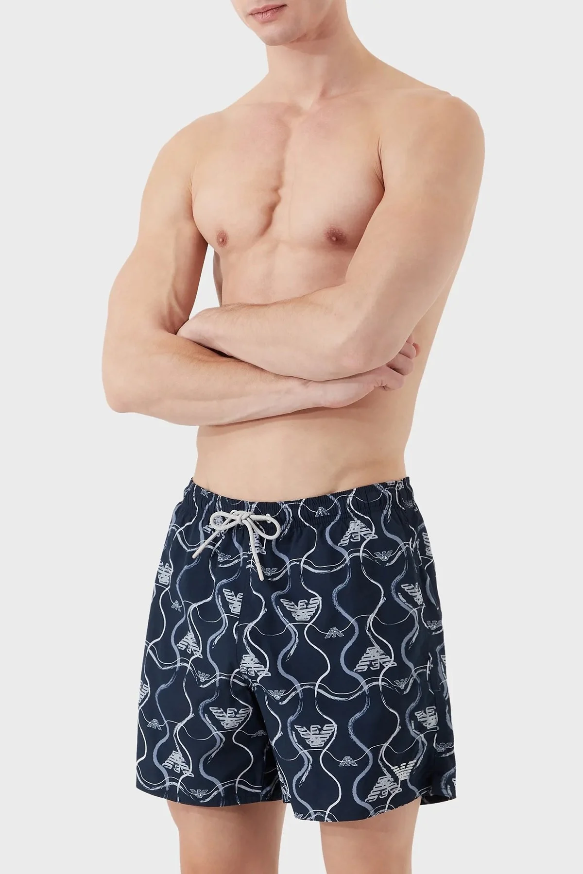 Emporio Armani Baskılı Deniz Şortu Belden Bağlamalı Erkek Mayo Short 211740 3R444 18736 LACİVERT - 1