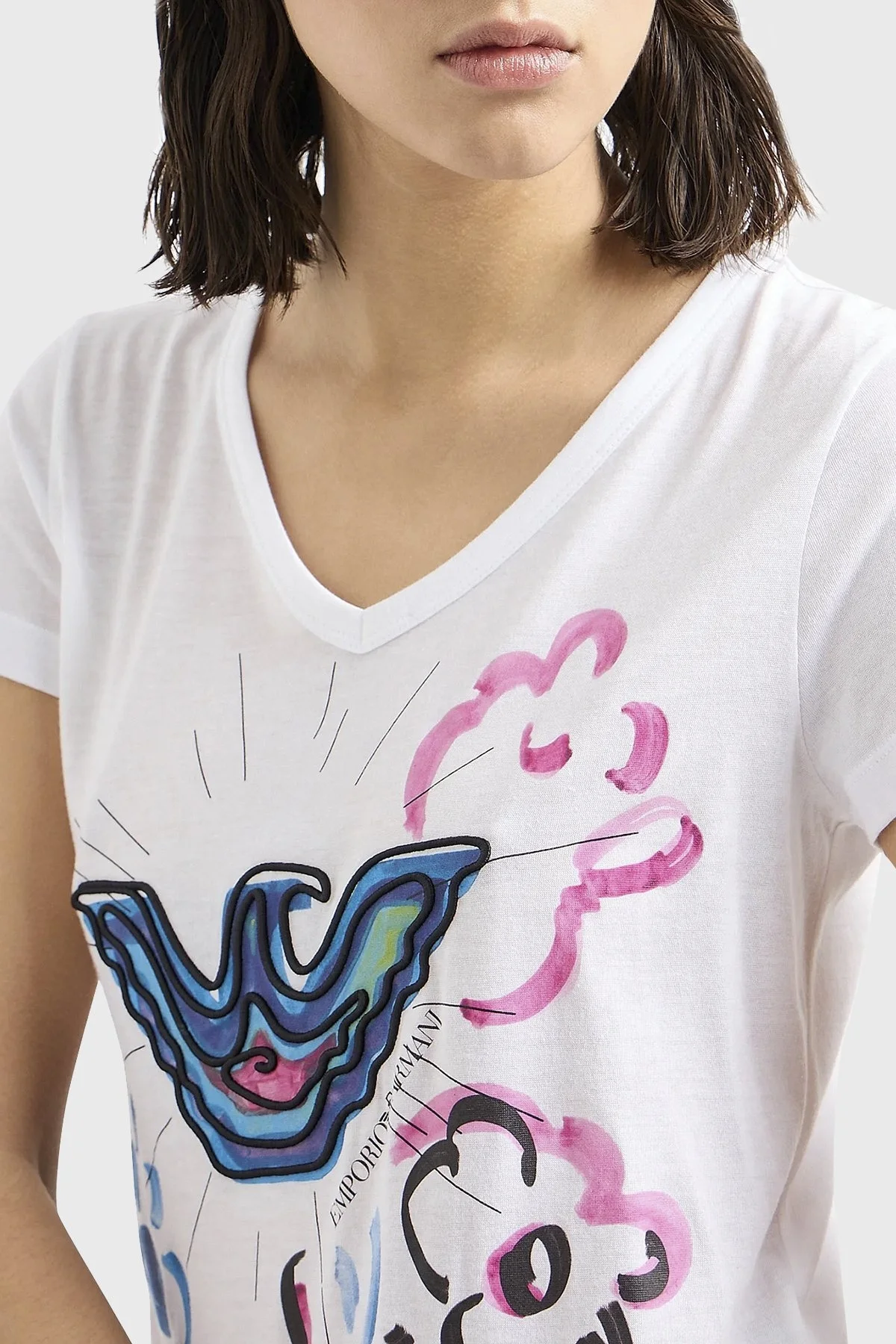 Emporio Armani Baskılı Pamuklu Regular Fit V Yaka Bayan T Shirt 3D2T8F 2JTAZ 0100 BEYAZ - 4