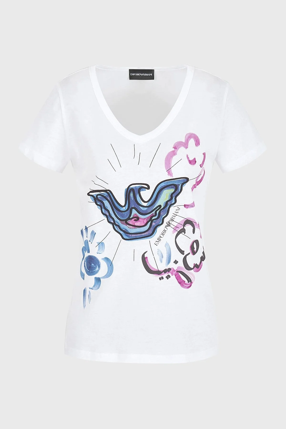 Emporio Armani Baskılı Pamuklu Regular Fit V Yaka Bayan T Shirt 3D2T8F 2JTAZ 0100 BEYAZ - 5