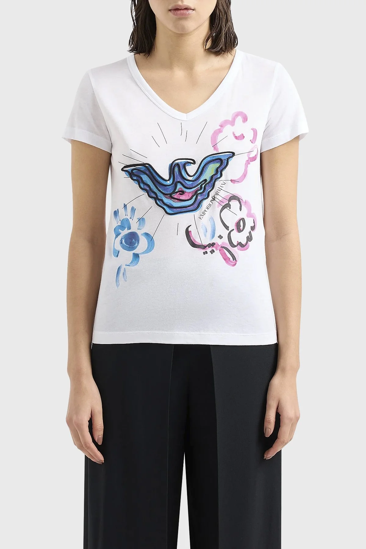 Emporio Armani Baskılı Pamuklu Regular Fit V Yaka Kadın T Shirt 3D2T8F 2JTAZ 0100 BEYAZ - 1