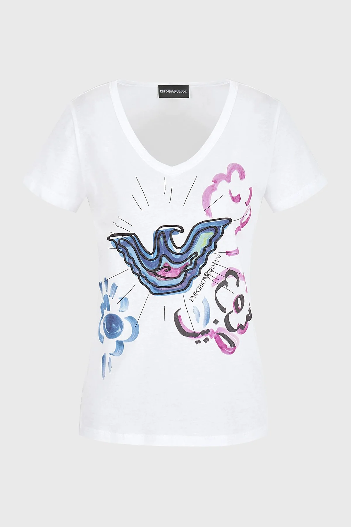 Emporio Armani Baskılı Pamuklu Regular Fit V Yaka Kadın T Shirt 3D2T8F 2JTAZ 0100 BEYAZ - 5