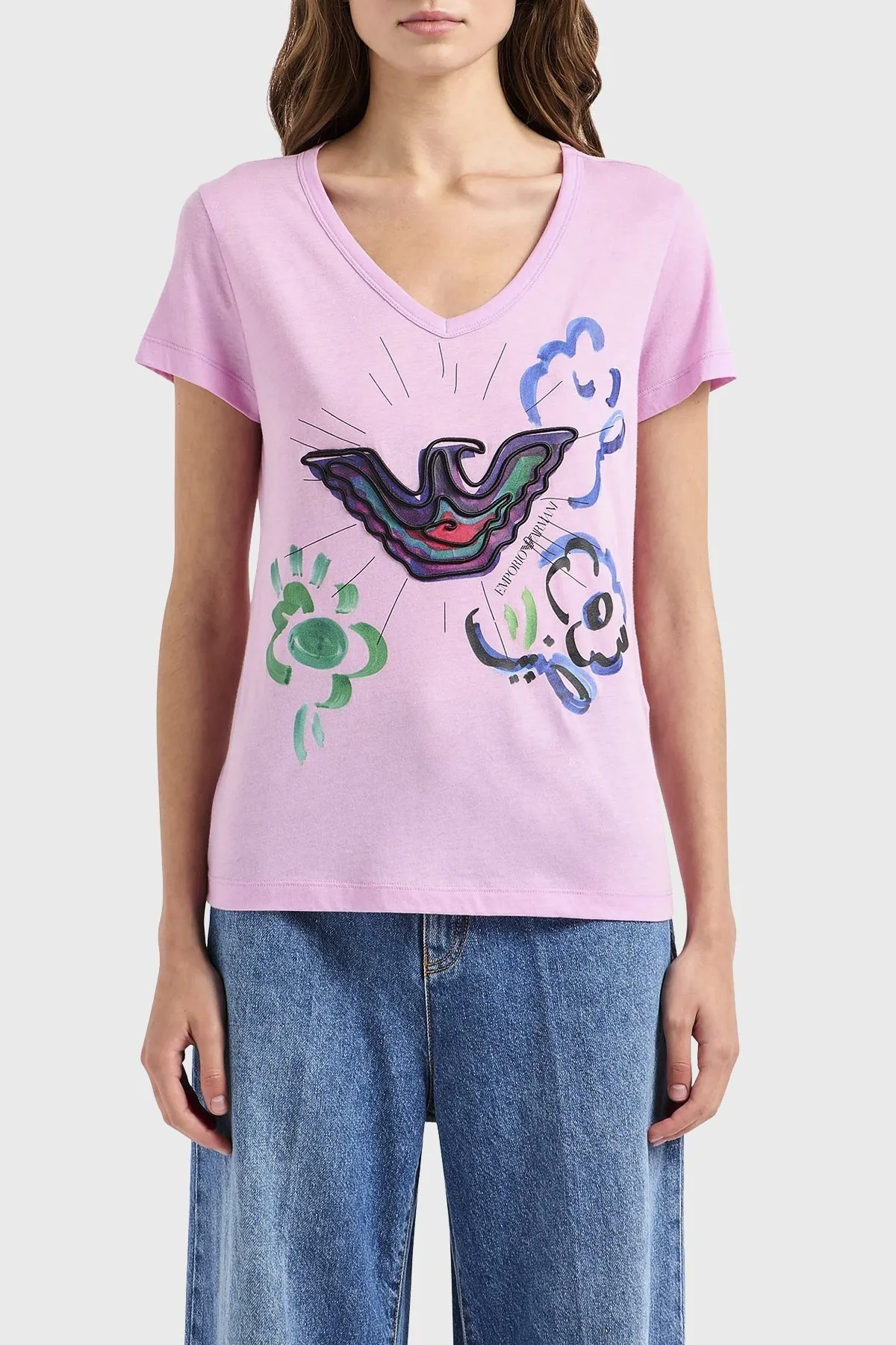 Emporio Armani Baskılı Pamuklu Regular Fit V Yaka Bayan T Shirt 3D2T8F 2JTAZ 0824 PEMBE - 1