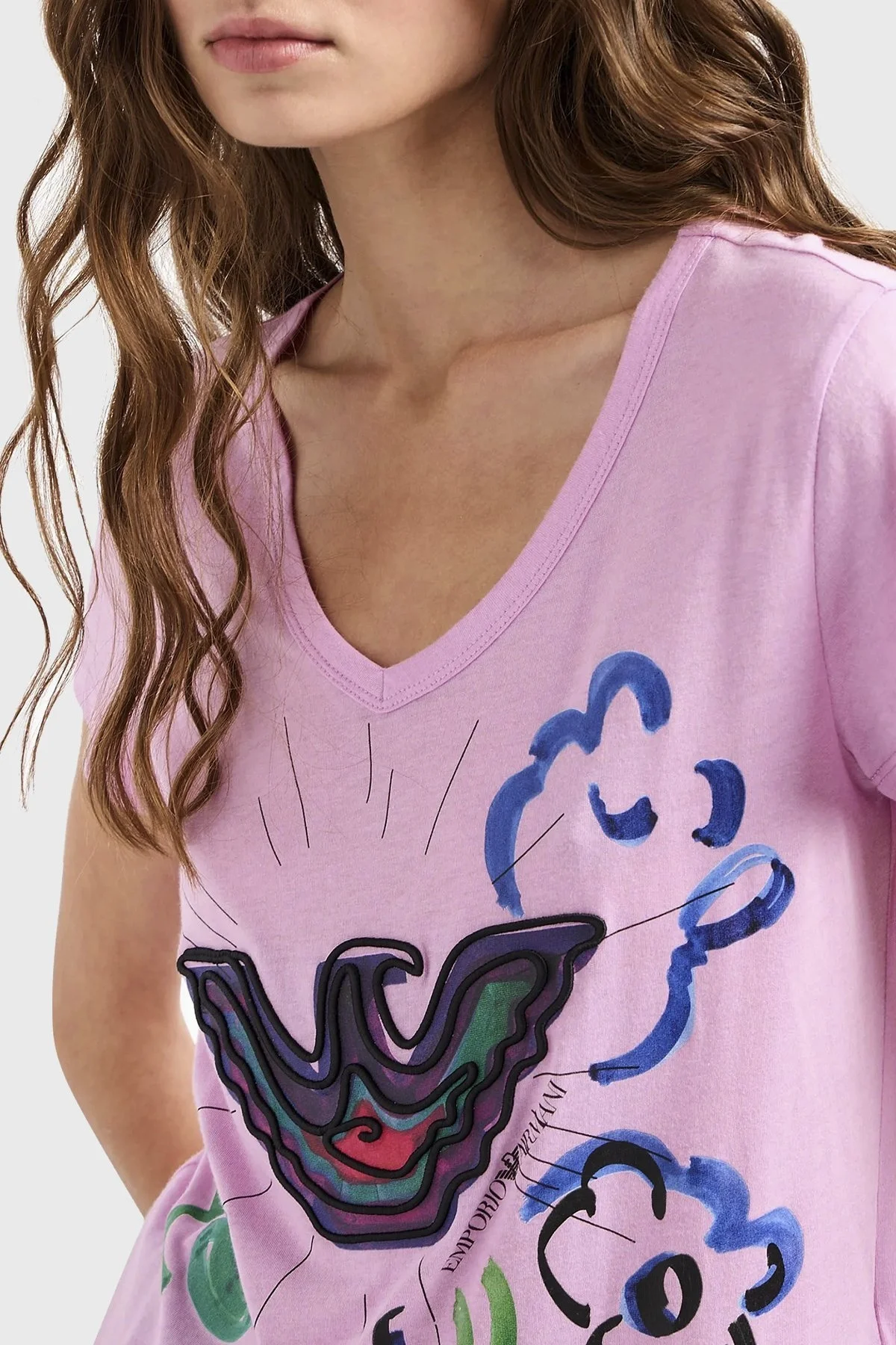 Emporio Armani Baskılı Pamuklu Regular Fit V Yaka Bayan T Shirt 3D2T8F 2JTAZ 0824 PEMBE - 4