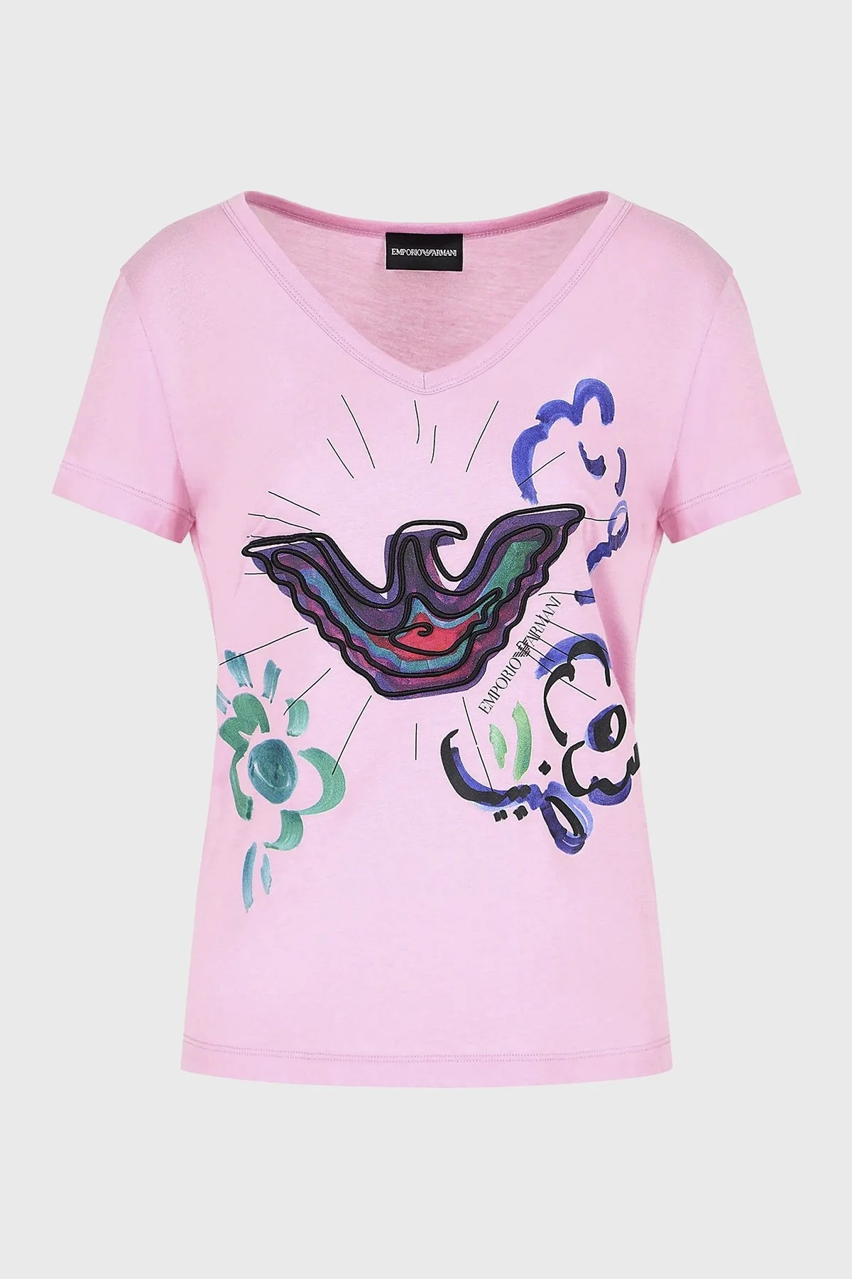 Emporio Armani Baskılı Pamuklu Regular Fit V Yaka Bayan T Shirt 3D2T8F 2JTAZ 0824 PEMBE - 5