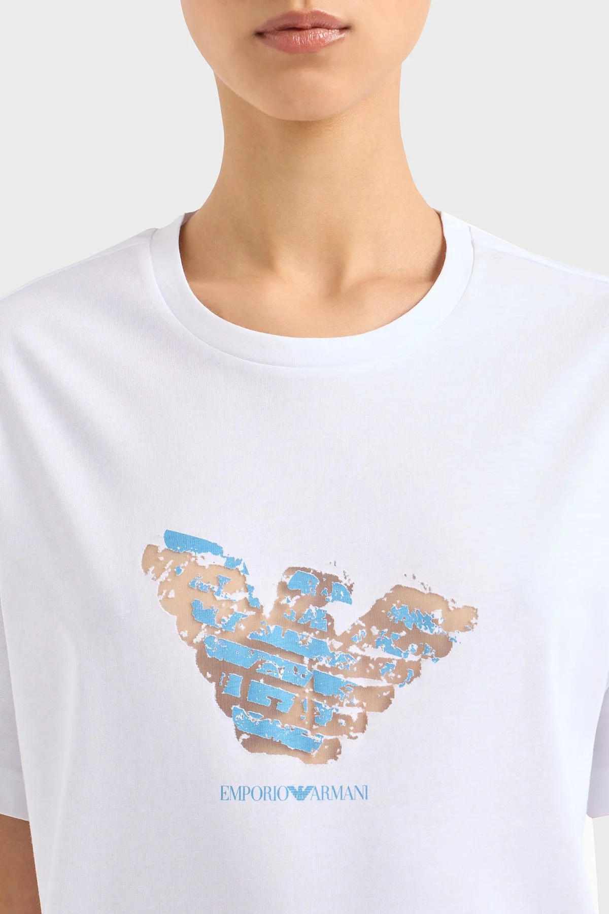 Emporio Armani Baskılı Regular Fit Pamuklu Bisiklet Yaka Kadın T Shirt EW000904 AF12601 F0024 BEYAZ - 4