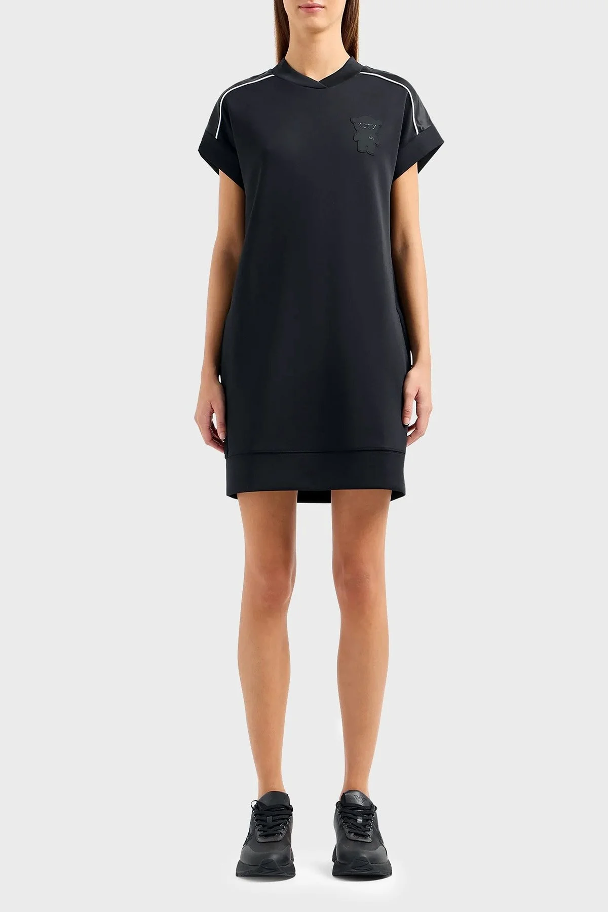 Emporio Armani Cepli Kontrast Şeritli Armalı Parlak İnterlok Bayan Elbise 6R2A7J 2JVLZ 0999 SİYAH - 1