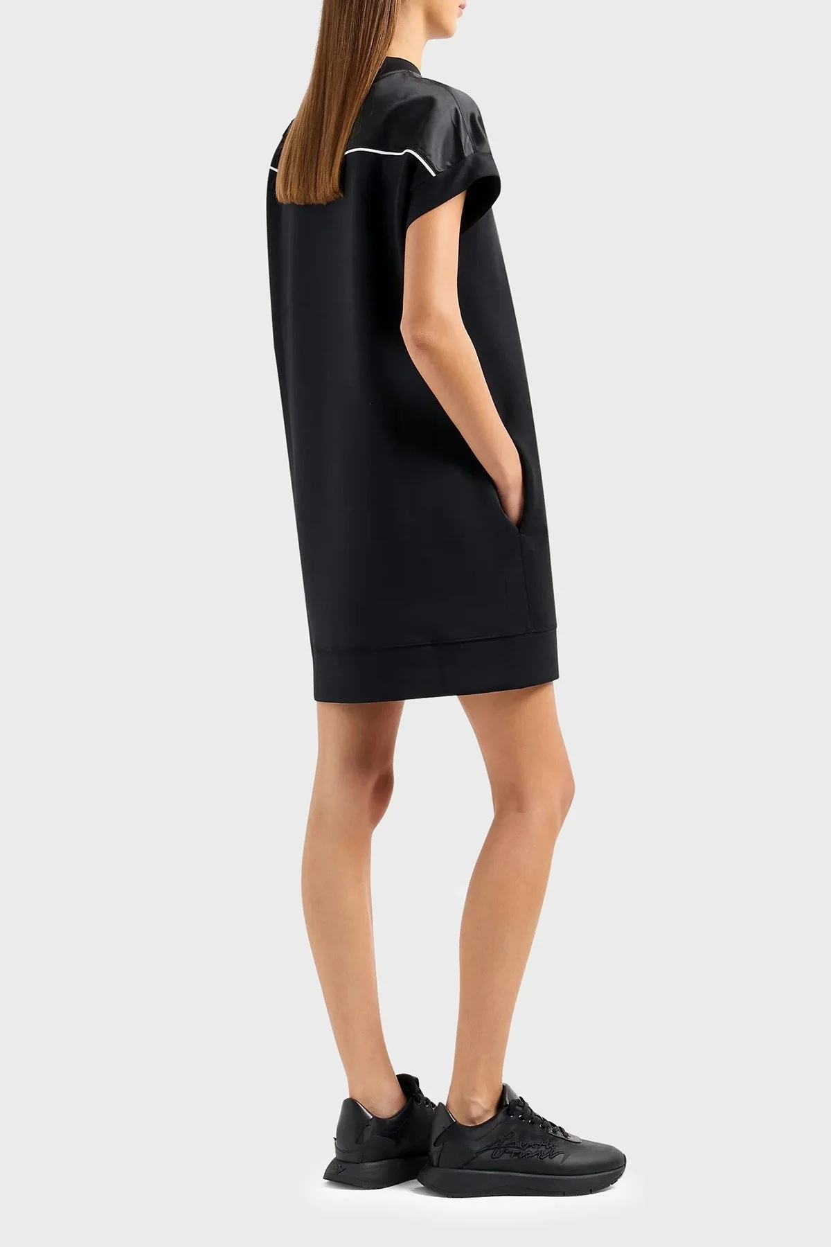 Emporio Armani Cepli Kontrast Şeritli Armalı Parlak İnterlok Bayan Elbise 6R2A7J 2JVLZ 0999 SİYAH - 2