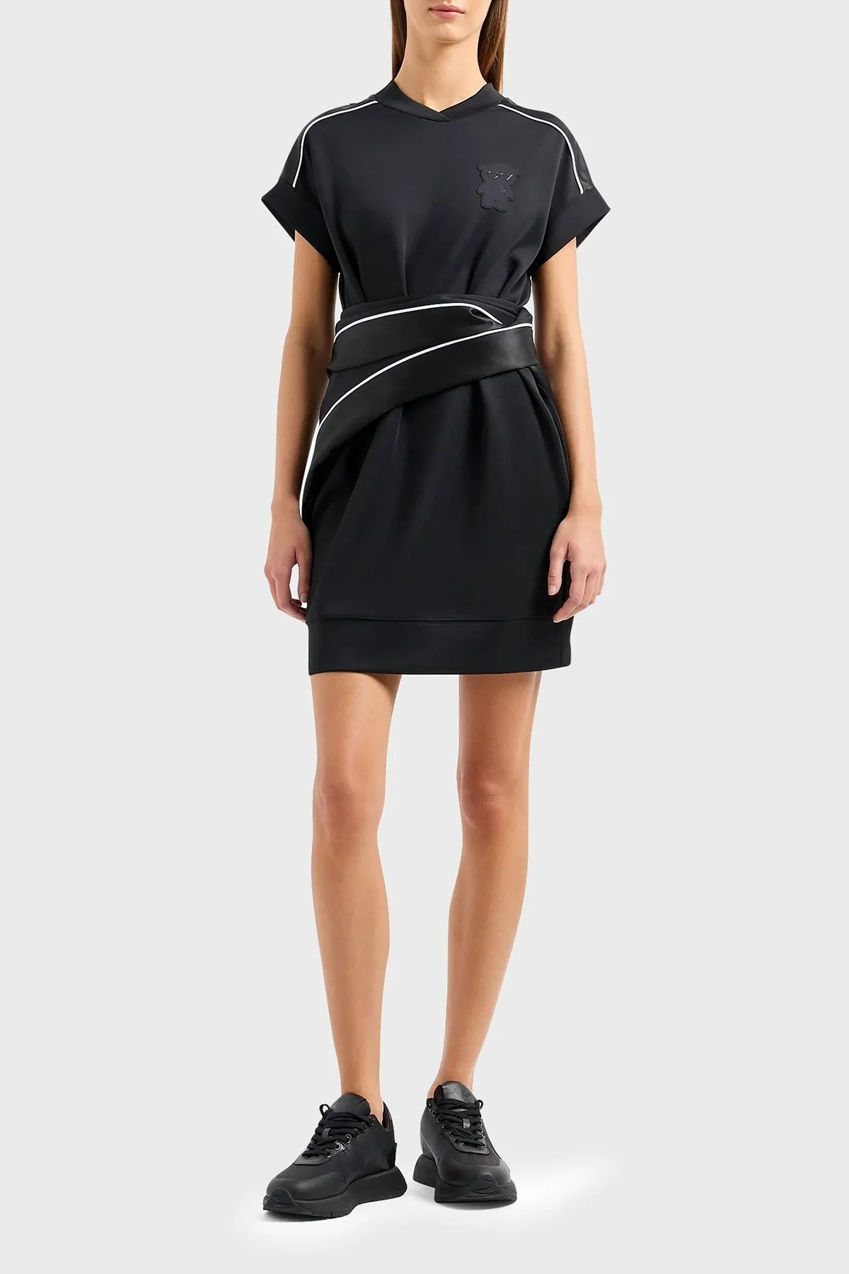 Emporio Armani Cepli Kontrast Şeritli Armalı Parlak İnterlok Bayan Elbise 6R2A7J 2JVLZ 0999 SİYAH - 3