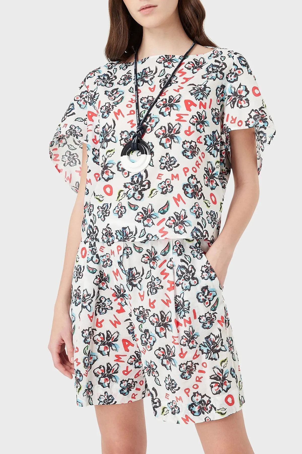 Emporio Armani Çiçek Desenli % 100 Pamuk Bayan Bluz 3L2K67 2ND1Z F133 BEYAZ - 1