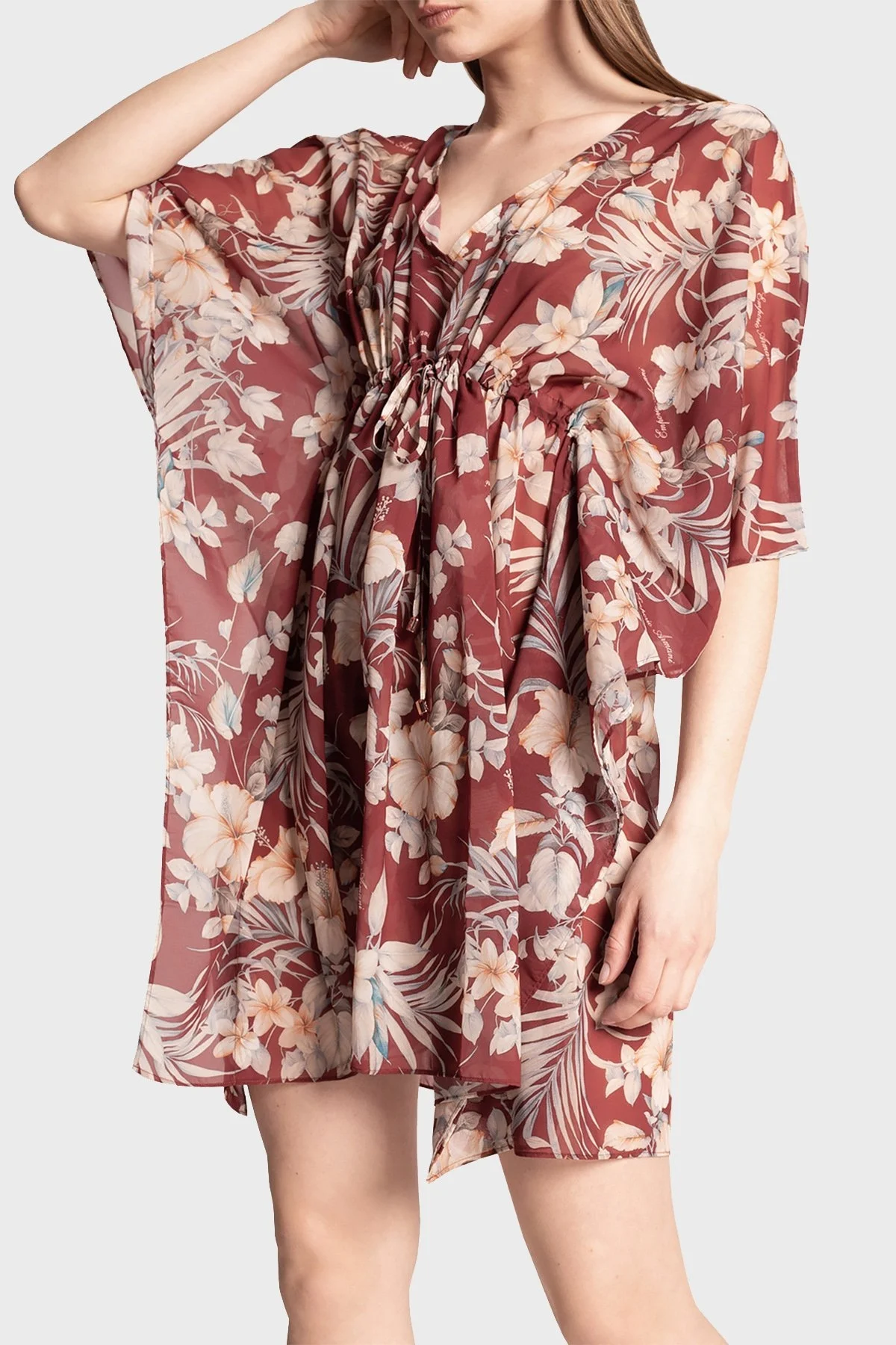 Emporio Armani Çiçek Desenli V Yaka Mini Bayan Elbise S 262663 1P316 03956 BORDO - 1