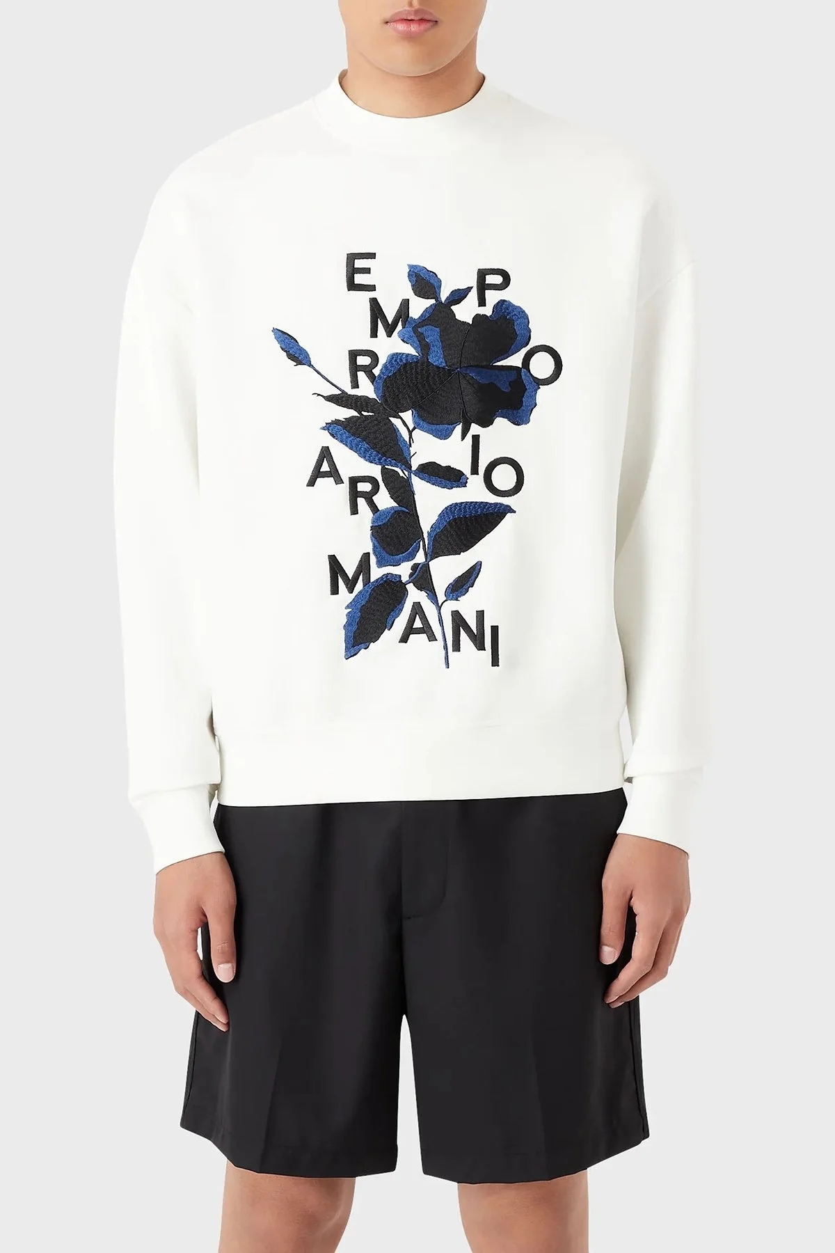 Emporio Armani Çiçek Motifli Bisiklet Yaka Regular Fit Pamuklu Erkek Sweat 3R1MBB 1JHSZ 0101 BEYAZ - 1