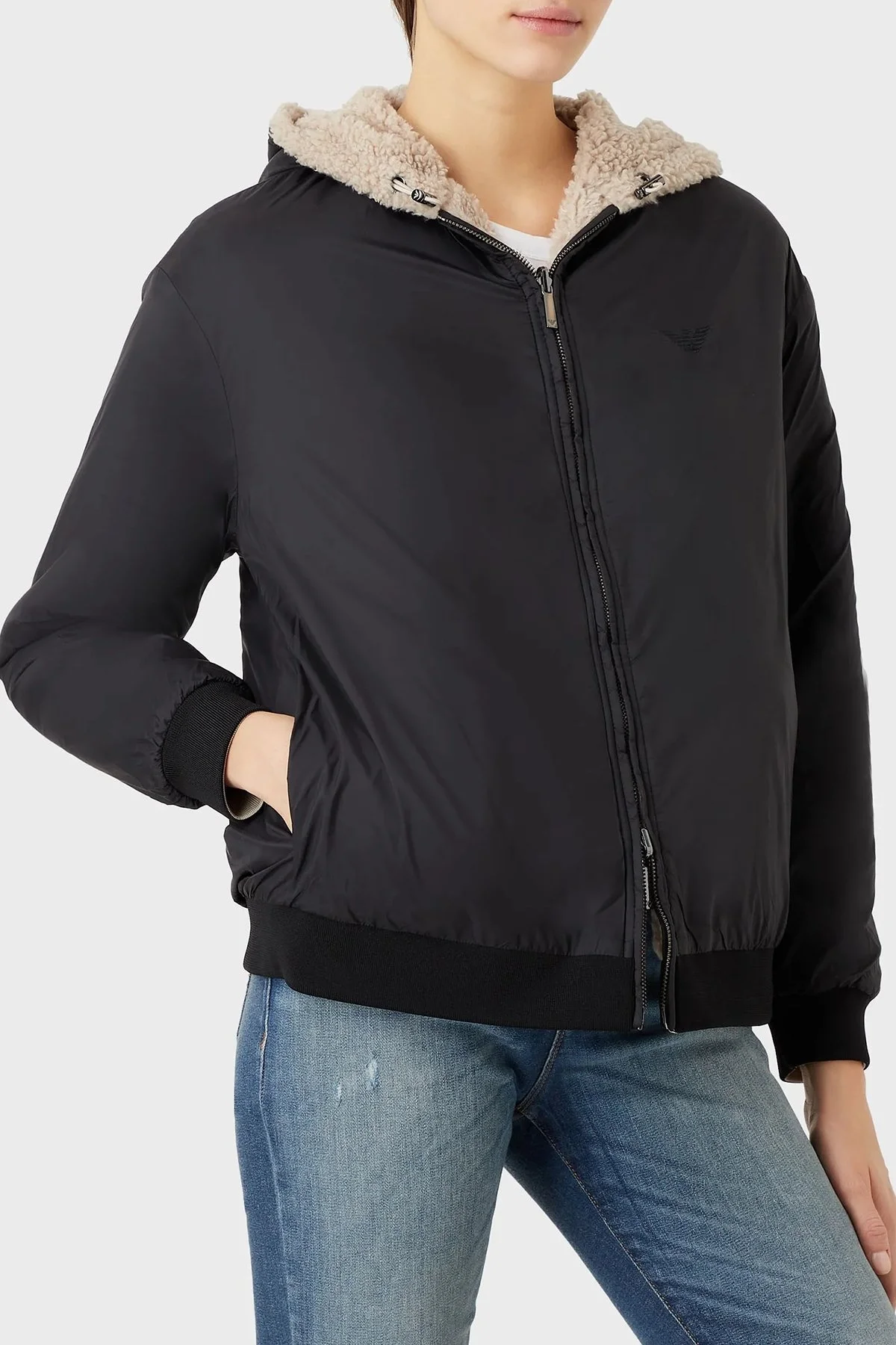 Emporio Armani Çift Taraflı Yumuşak Dokulu Kapüşonlu Bayan Mont 6L2B6F 2JZQZ 0603 TAŞ - 2